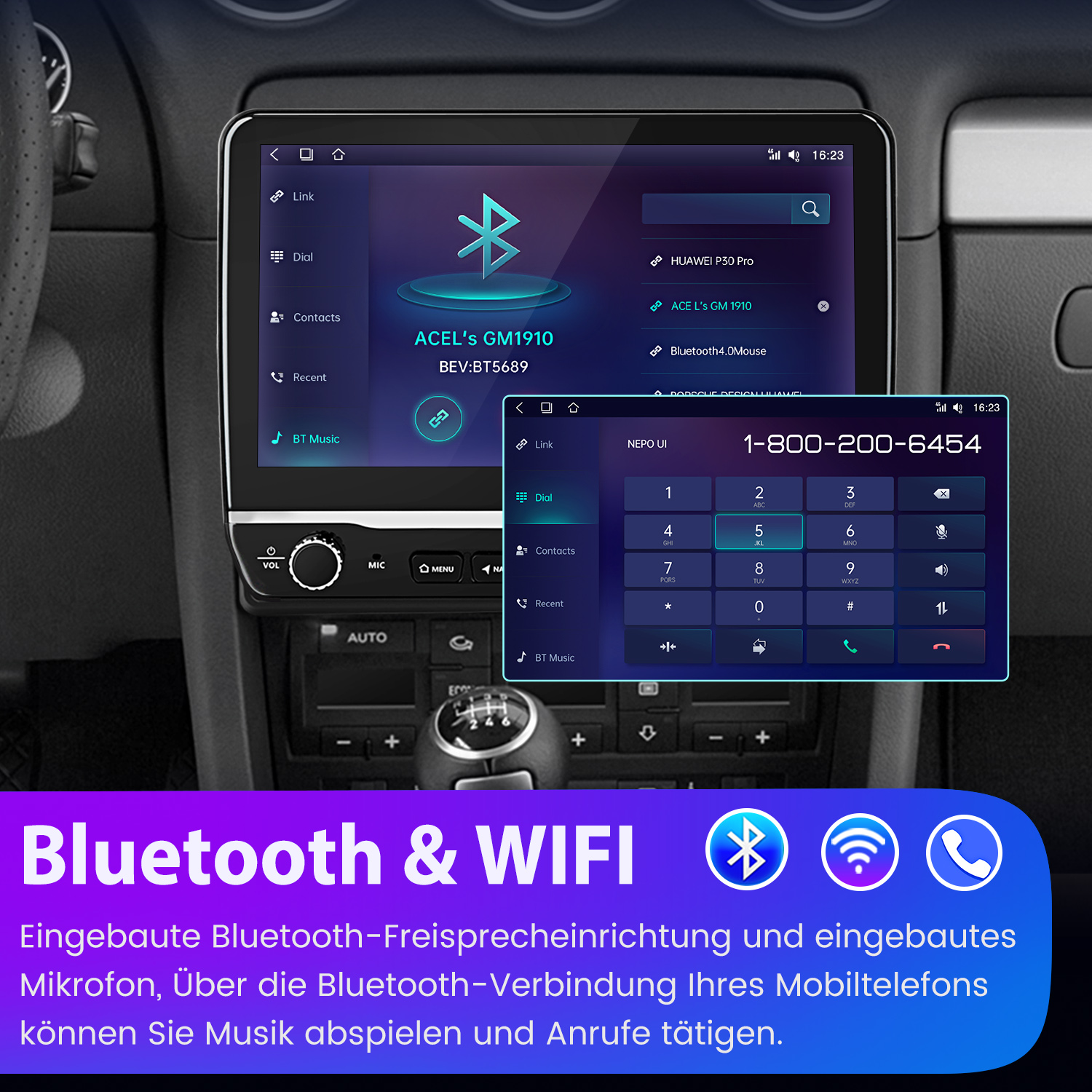 Ein Auto-Infotainmentsystem zeigt Bluetooth- und Wählmenüs. Text unten hebt Bluetooth & WIFI hervor.