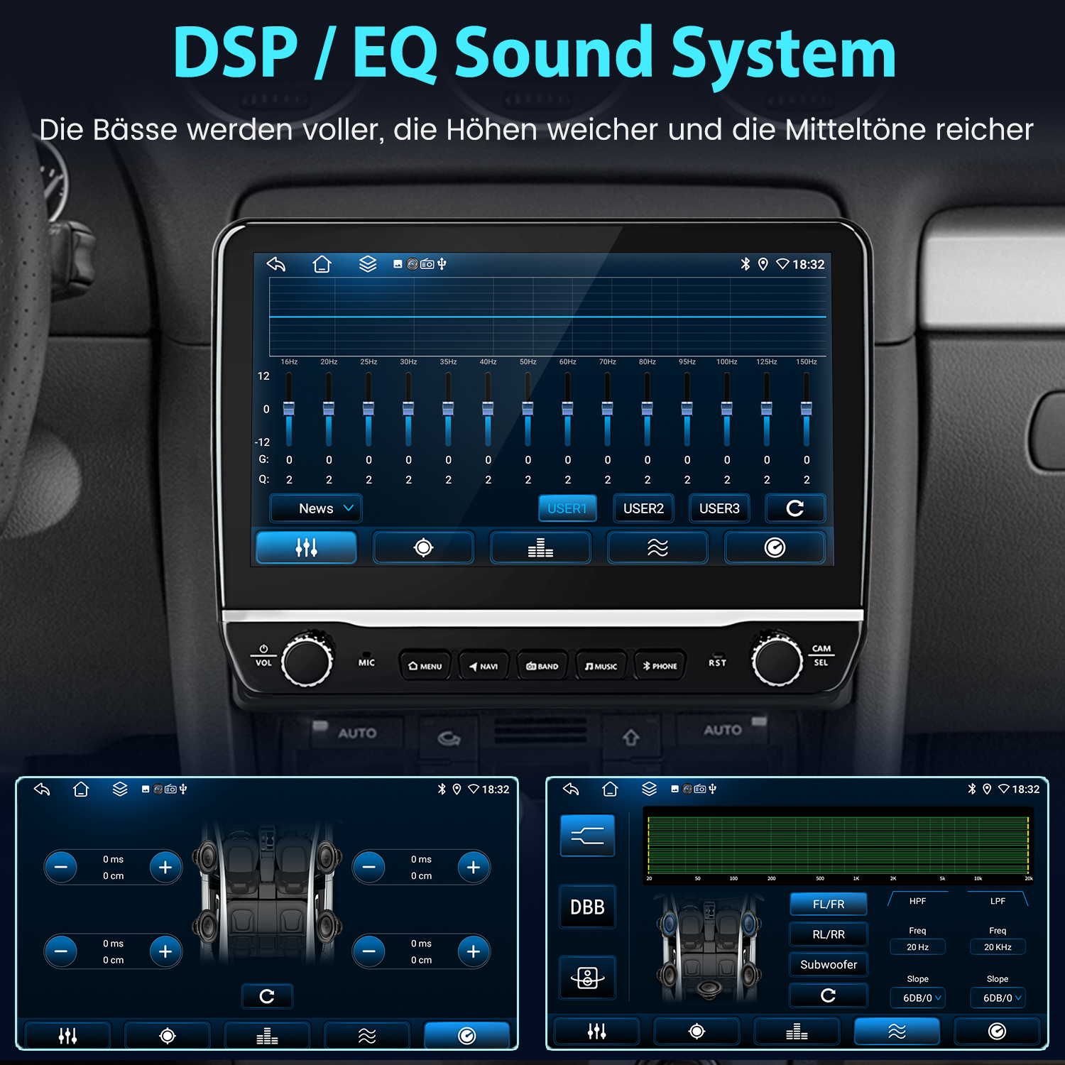 Ein Auto-Infotainmentsystem mit EQ- und DSP-Einstellungen wird angezeigt.