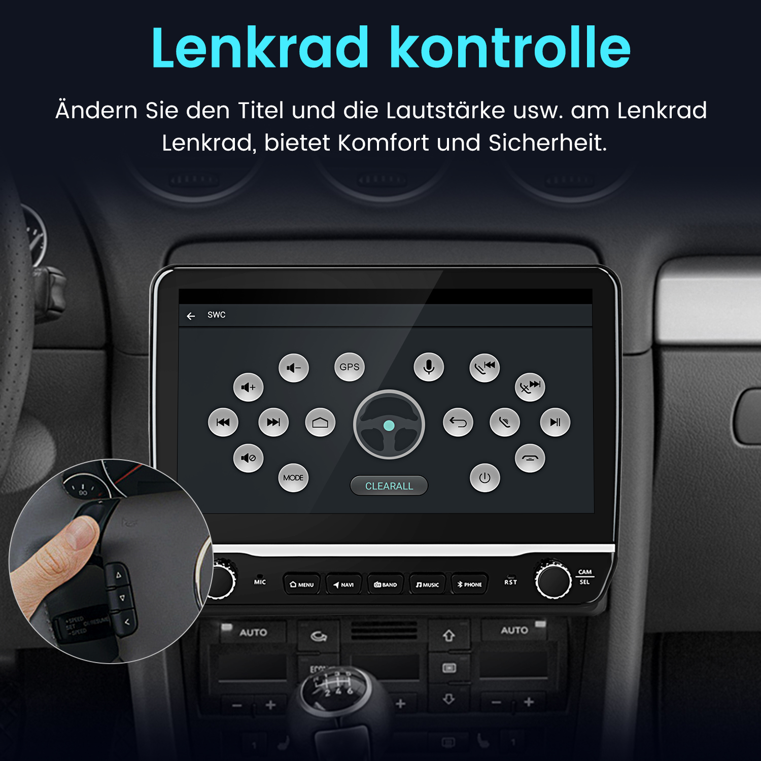 Ein Auto-Touchscreen zeigt Lenkradsteuerung mit Symbolen. Eine Hand bedient die Lenkradtasten.