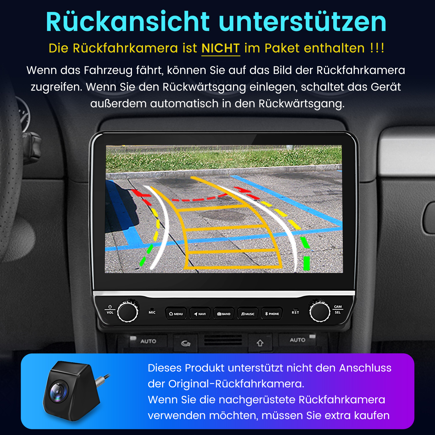 Auto-Rückfahrkamera-Bildschirm mit Parkhilfslinien und Warntext.