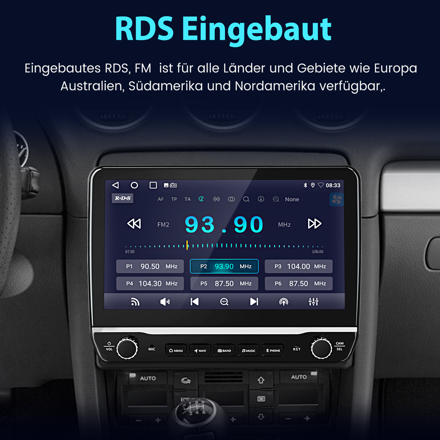 Ein Autoradio-Bildschirm zeigt RDS FM-Radio mit 93.90 MHz, Sender-Presets.