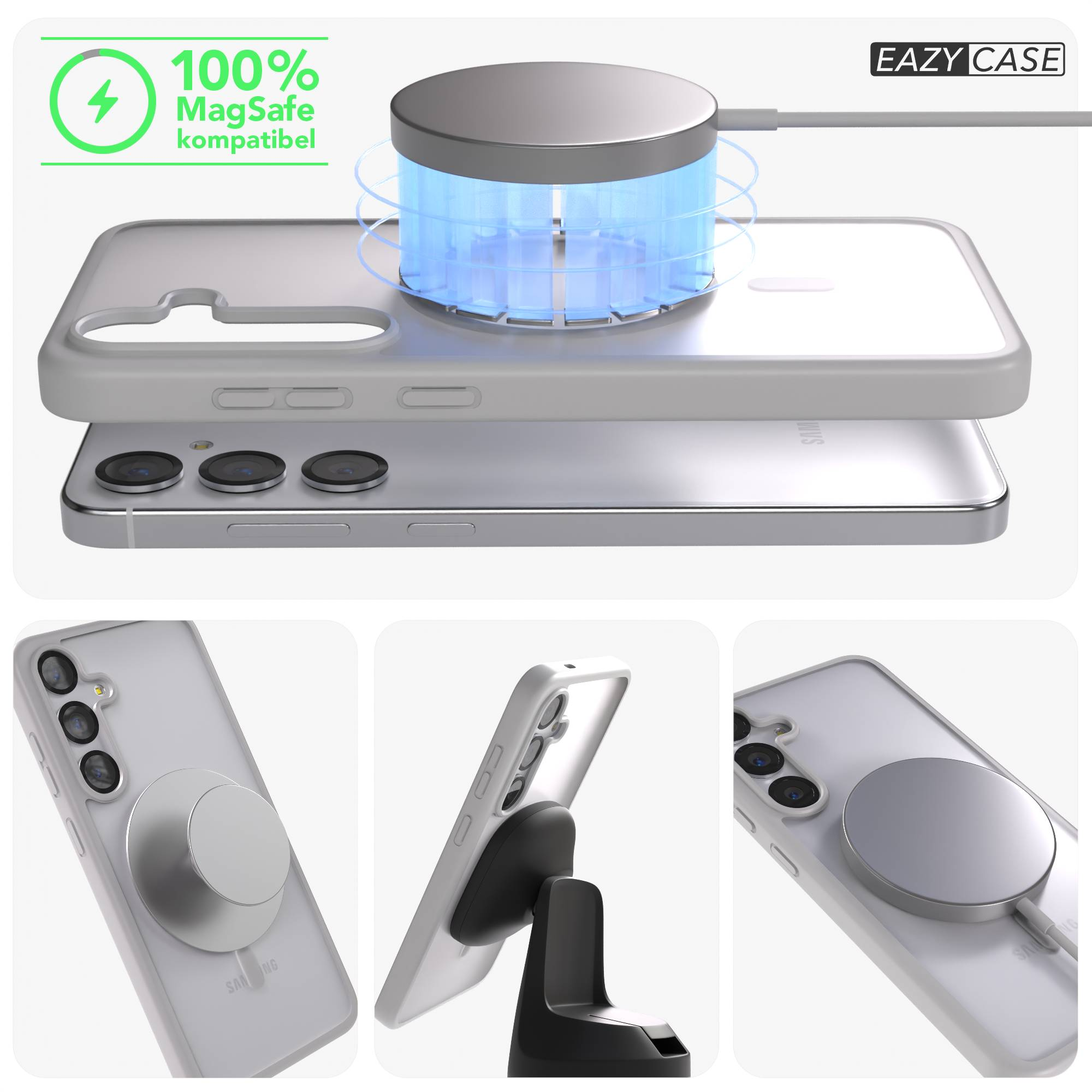 MagSafe Ladegerät mit blauem Licht auf einem transparenten Handy-Case.
