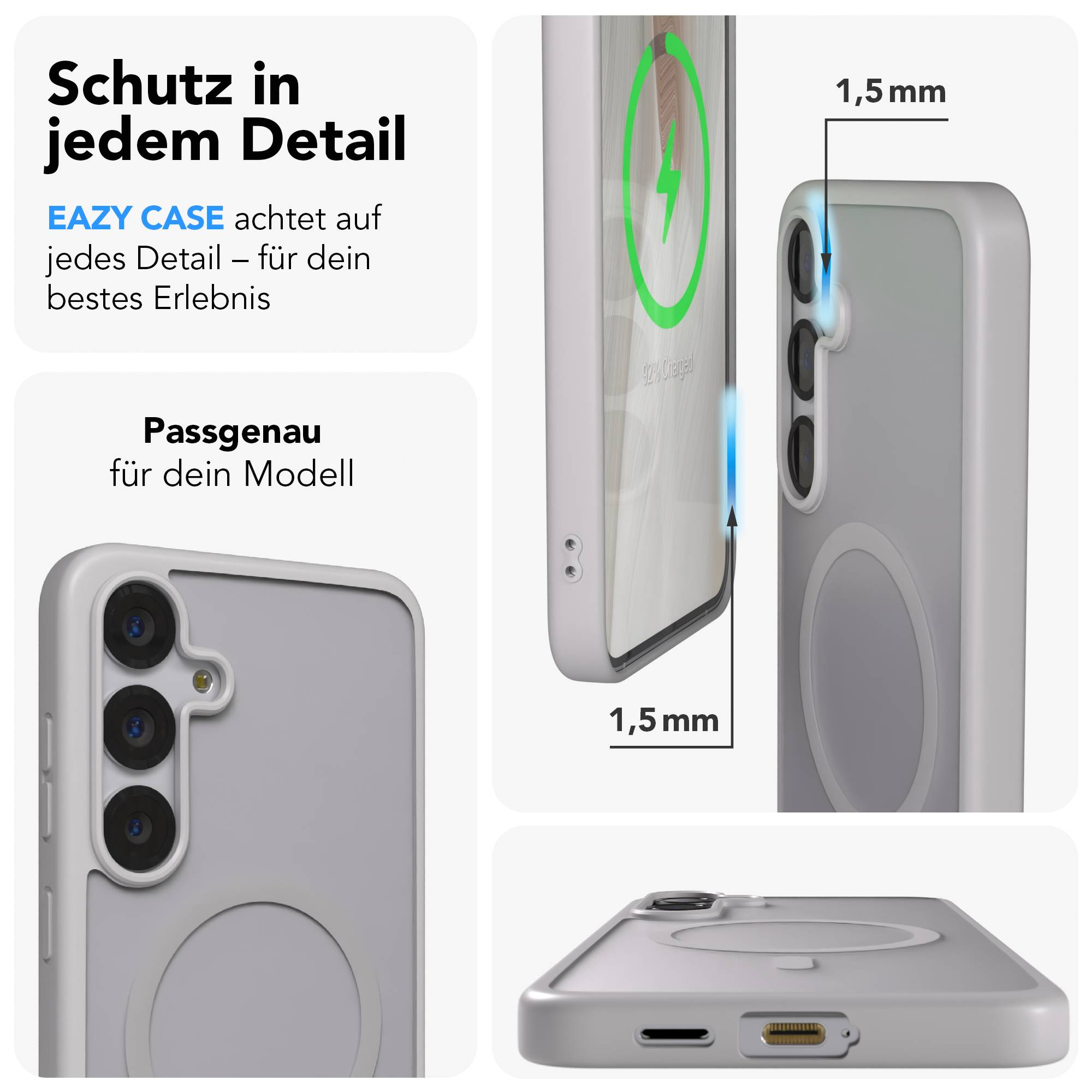 Graue Handyhülle mit Kameras und Ladeanzeige. Maße 1,5 mm.