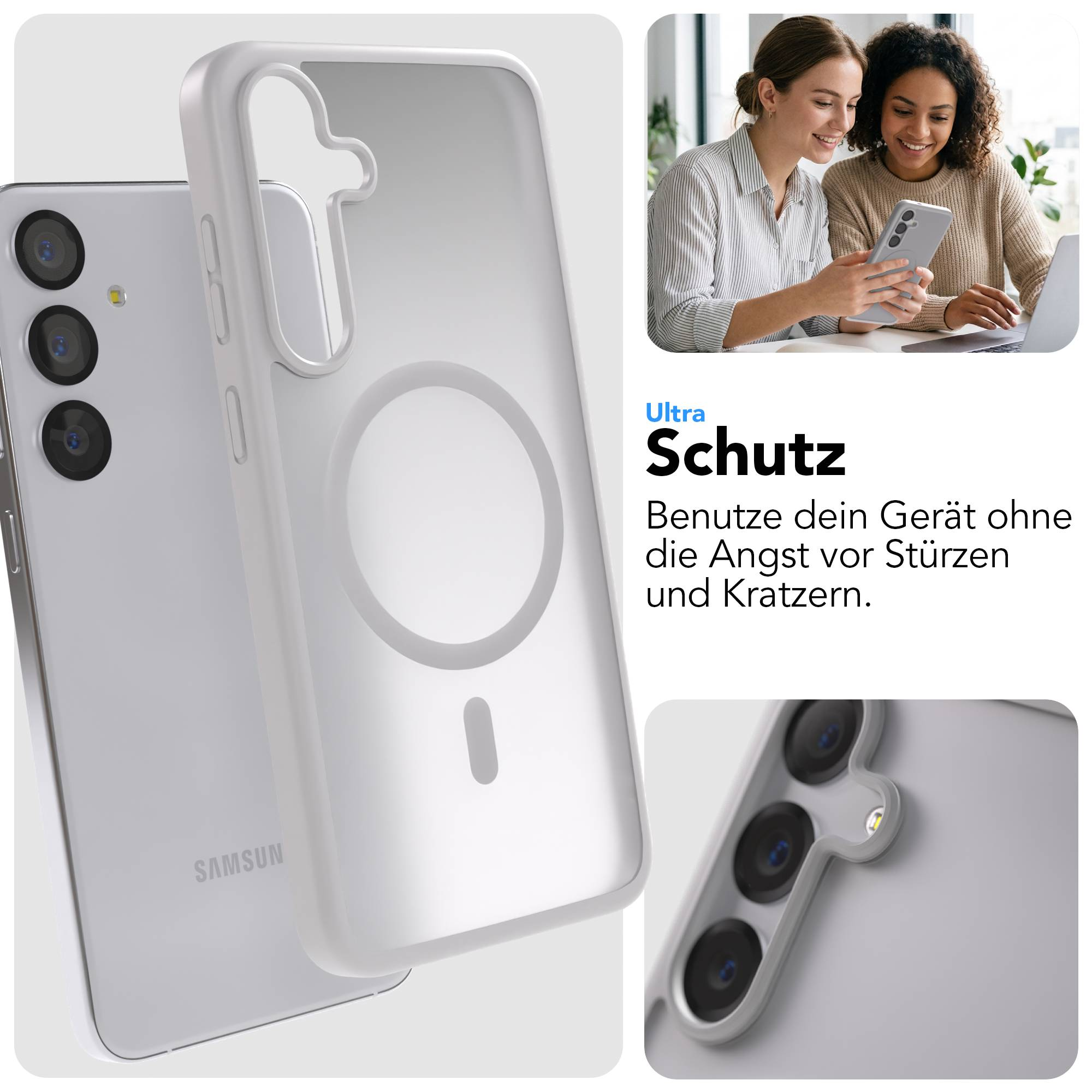Ein durchsichtiges Handy-Case liegt neben einem Handy. Zwei Frauen schauen auf ein Handy.