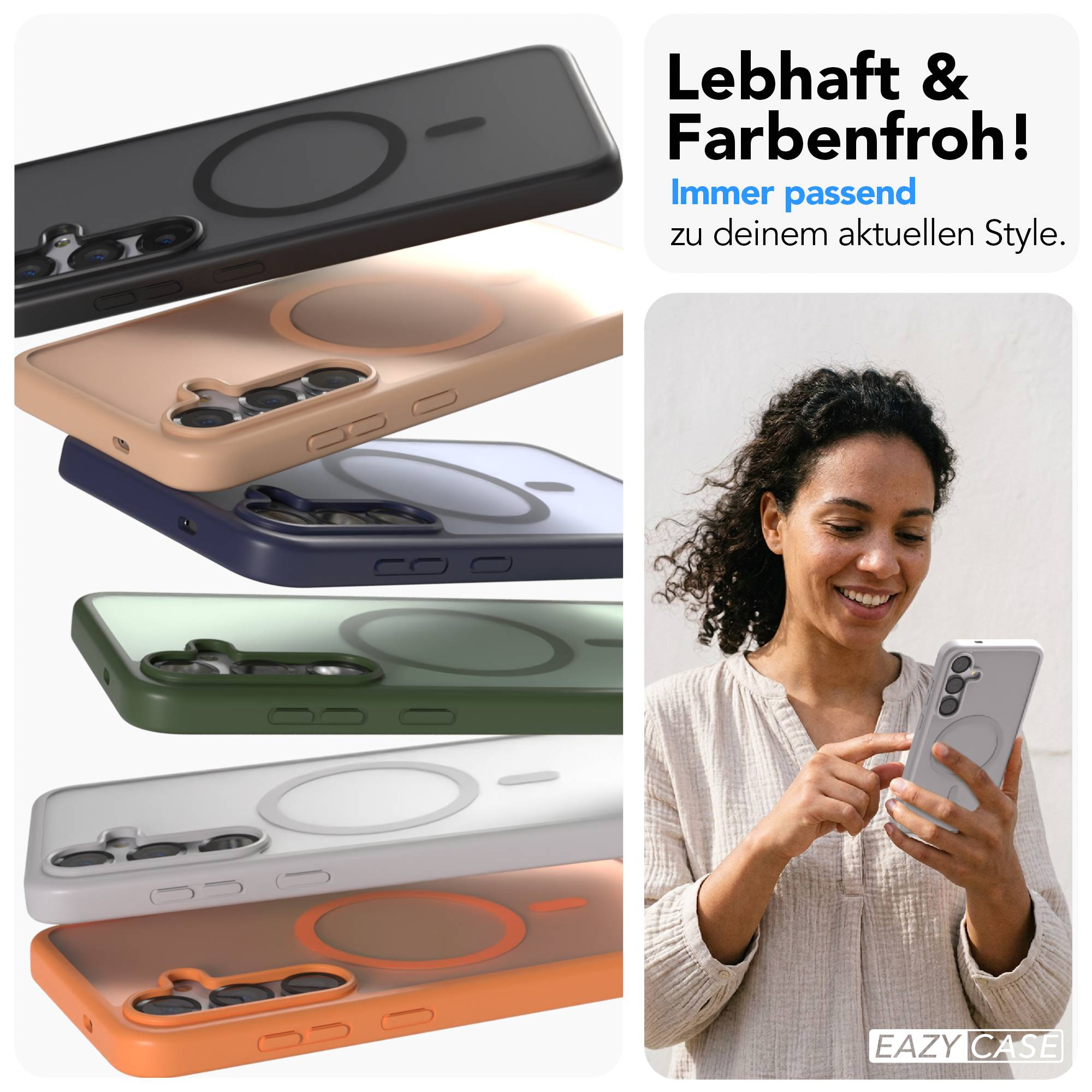 Mehrere Handyhüllen in verschiedenen Farben, ein lächelnder Mann hält ein Handy mit Hülle.