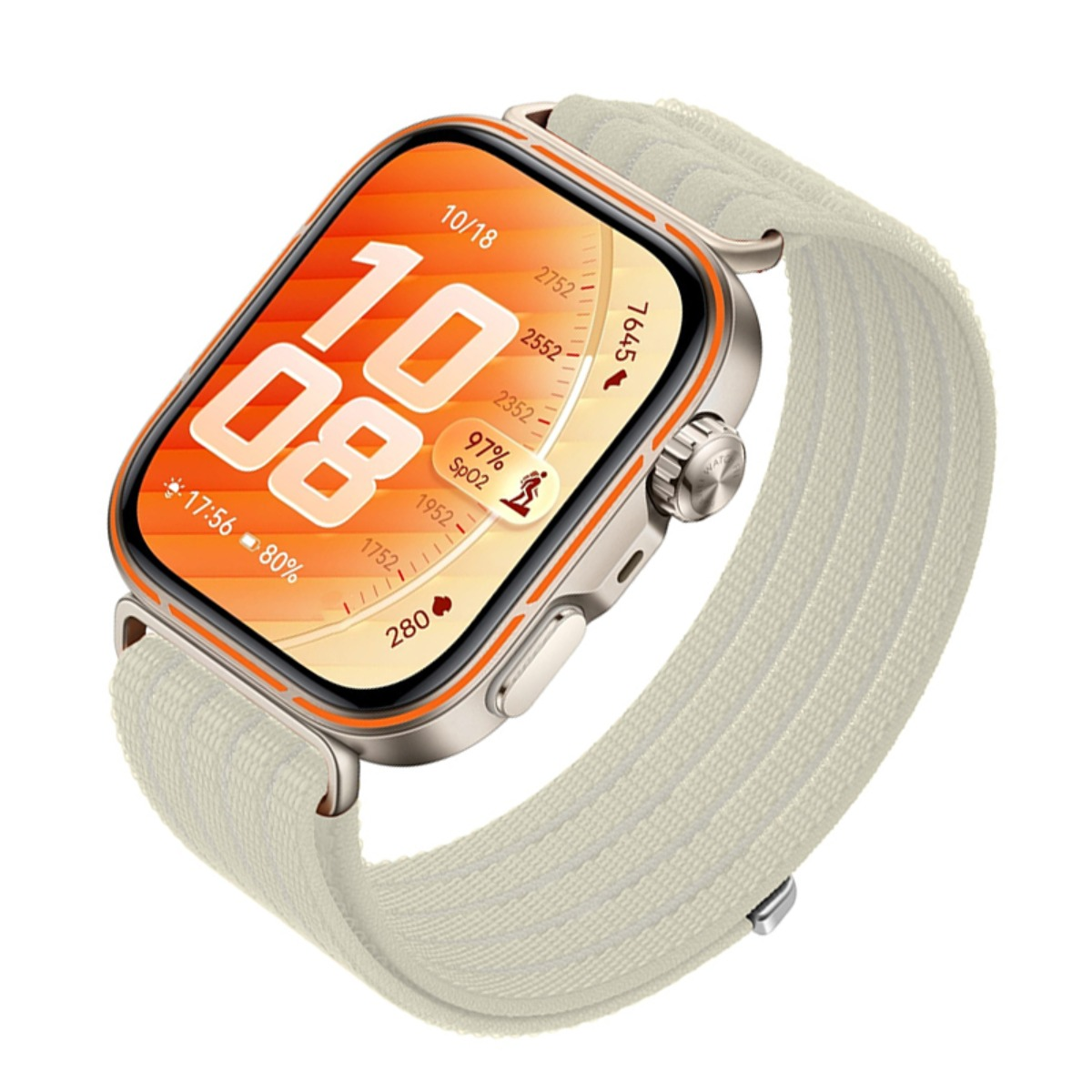 Eine helle Smartwatch mit einem beigen Armband und einem orangefarbenen Zifferblatt.