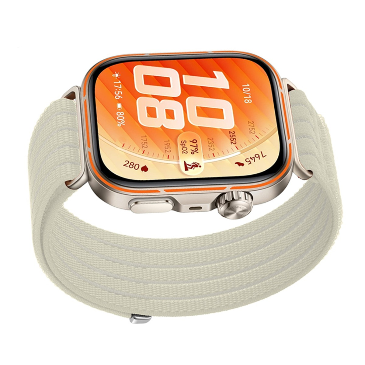 Silberne Smartwatch mit beigefarbenem Stoffarmband und orangefarbenem Display.