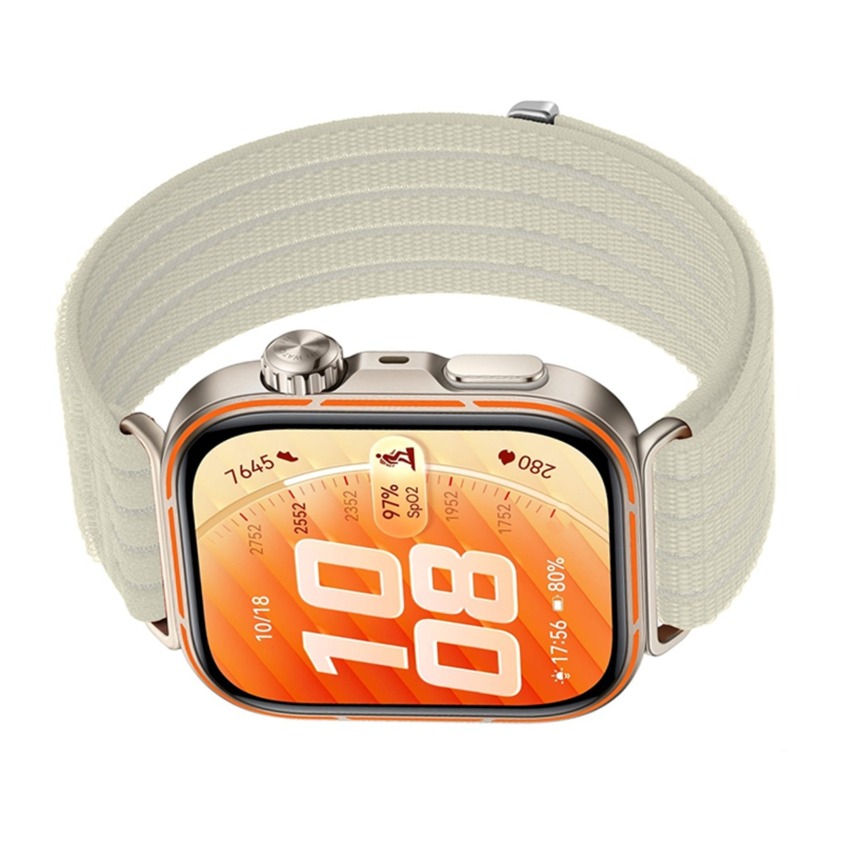 Eine helle Smartwatch mit einem beigen Stoffarmband und einem orangefarbenen Zifferblatt.