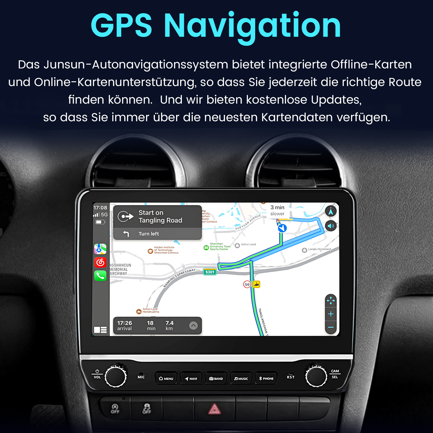GPS-Navigationsbildschirm mit Karte, Routenführung und Bedienelementen.