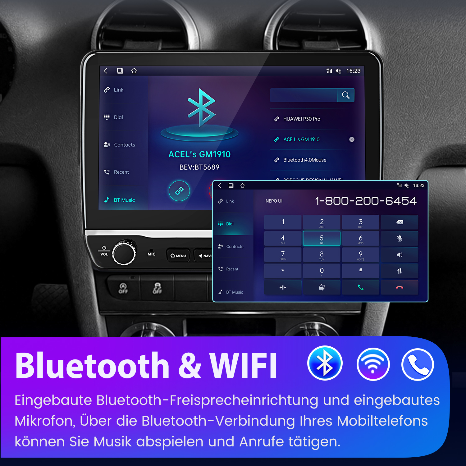 Auto-Infotainmentsystem mit Bluetooth-Telefonie und Wählfeld.