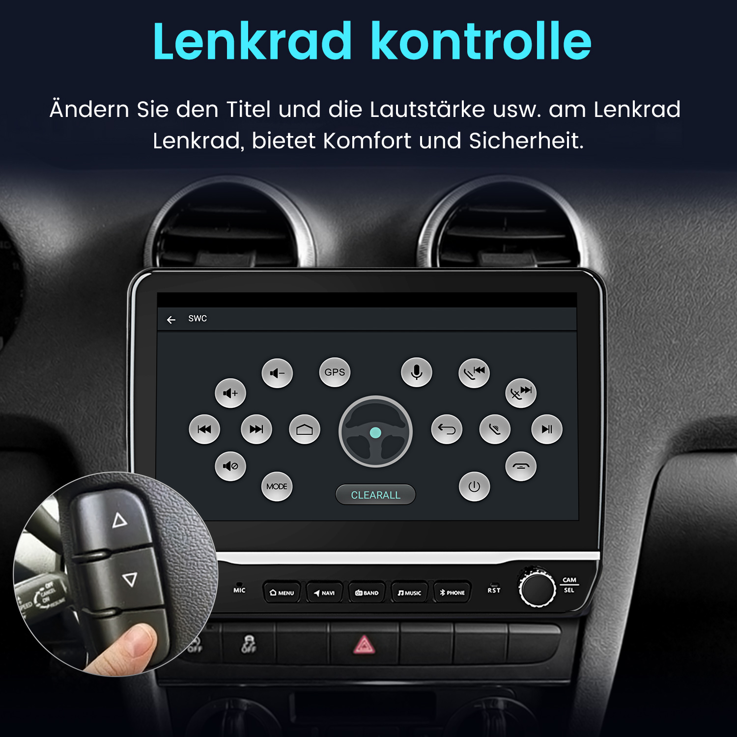 Ein Lenkrad mit Touchscreen-Display und Bedientasten im Auto.