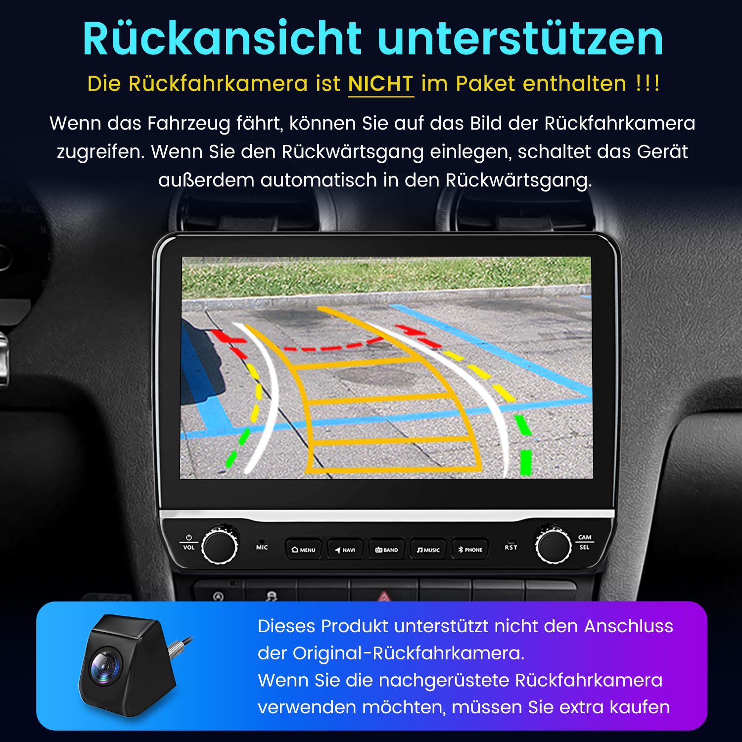 Ein Autoradio zeigt eine Rückfahrkamera-Ansicht mit Führungslinien. Text informiert über die Kamera.