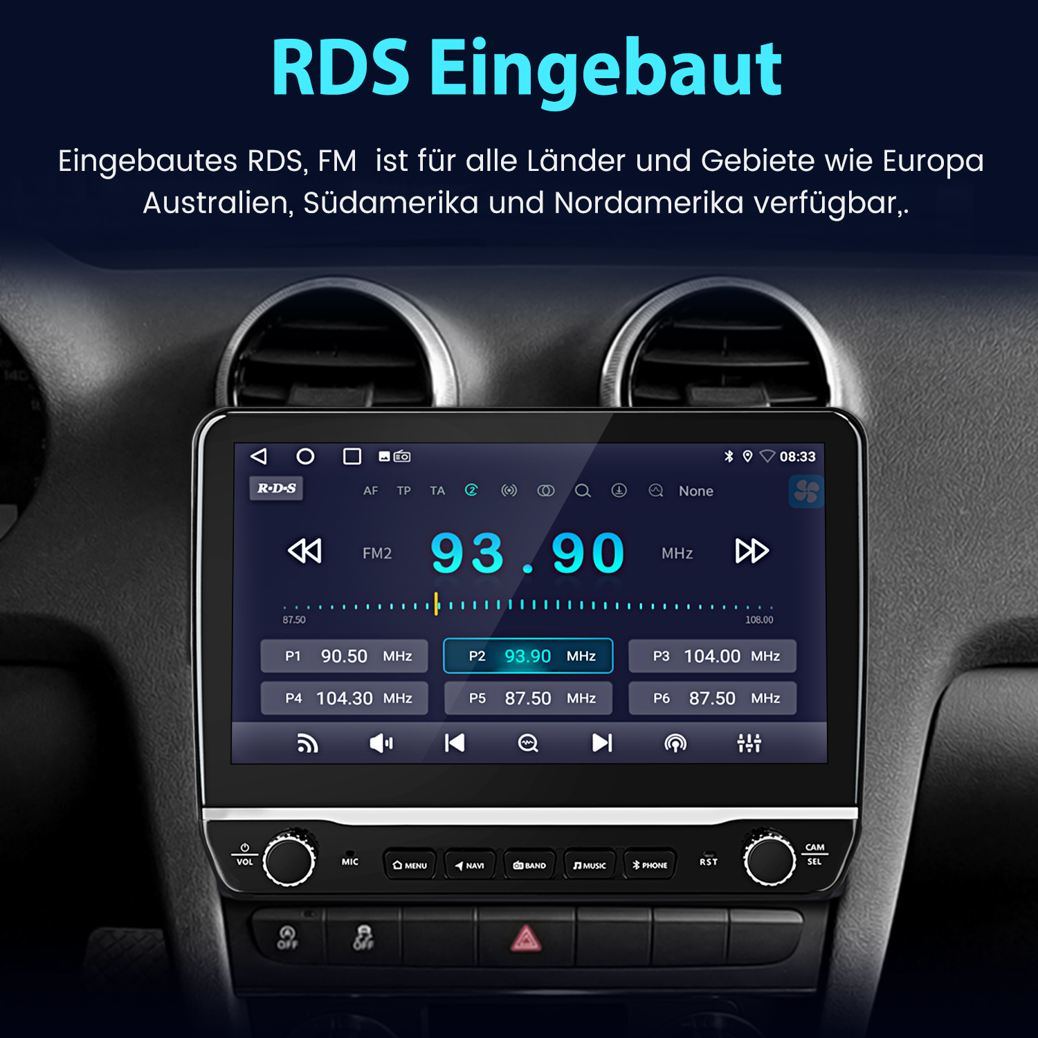 Ein Autoradio-Bildschirm zeigt FM 93.90 MHz an, mit Senderknöpfen darunter.