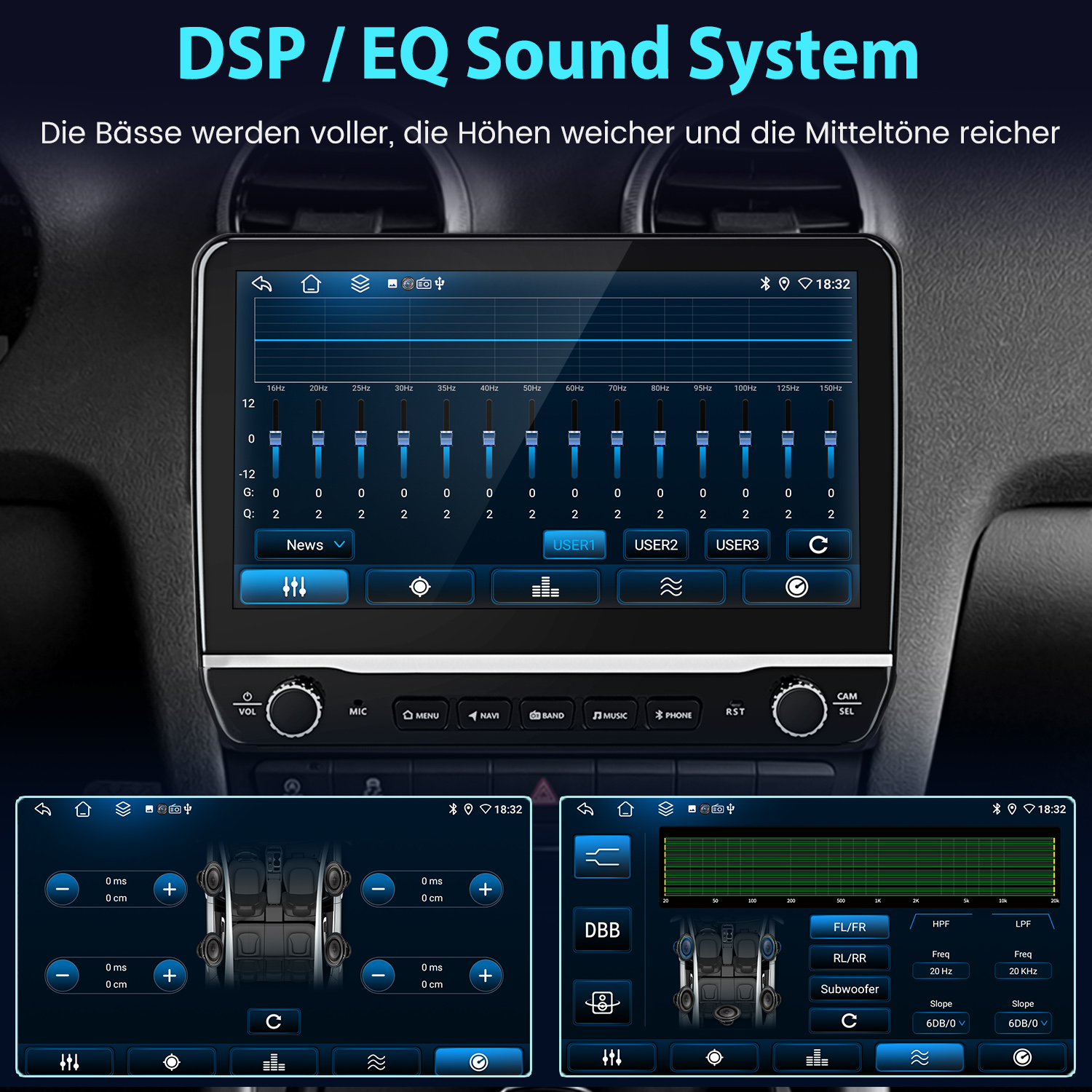 Autosound-System mit EQ-Einstellungen und Lautsprecherkonfiguration.