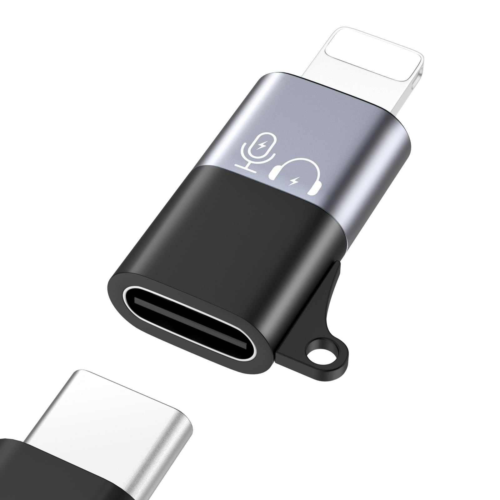 Ein schwarzer und silberner Adapter mit Blitz- und USB-C-Anschlüssen.