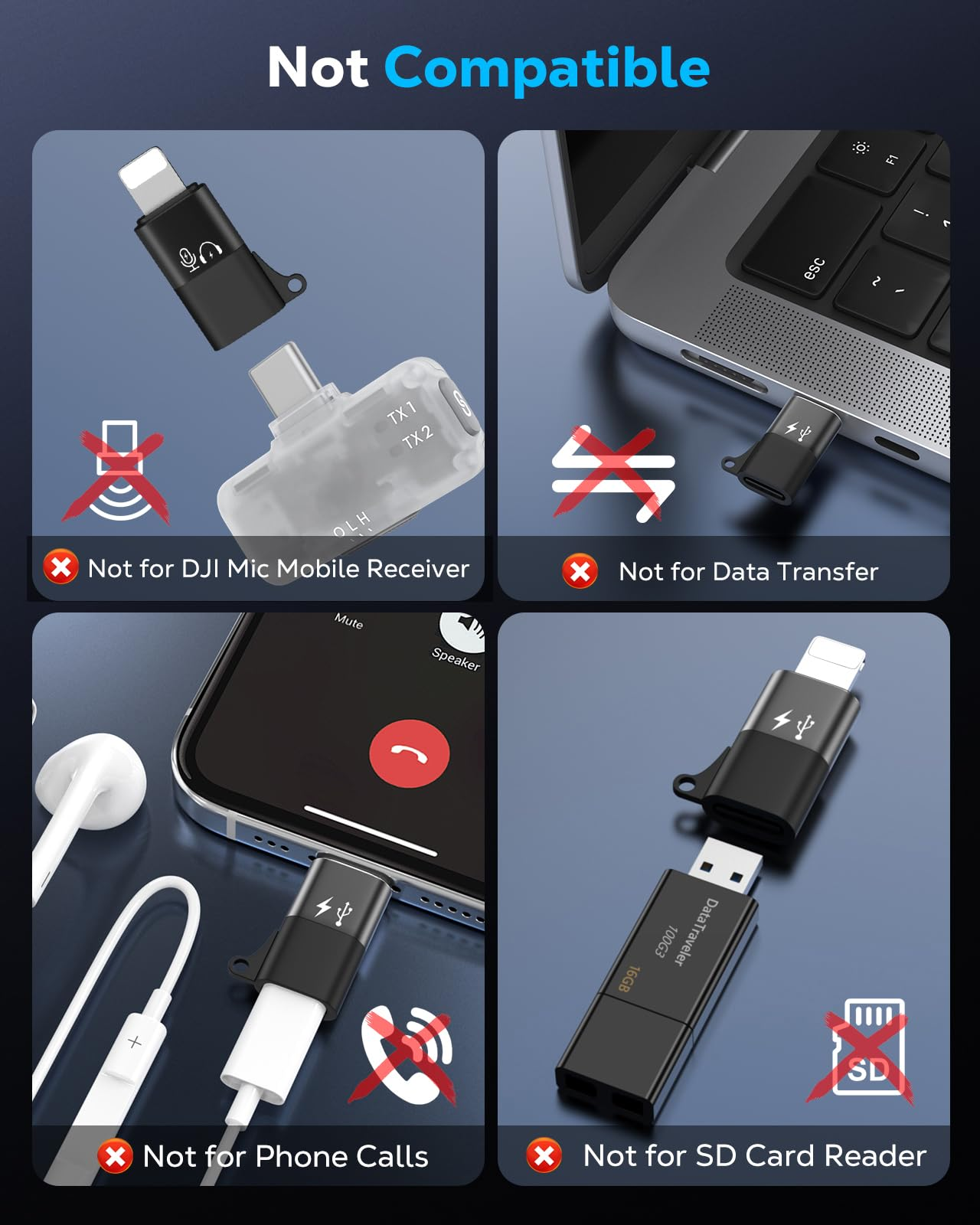 Vier Szenen zeigen Adapter, die nicht mit DJI Mic, Datenübertragung, Anrufen oder SD-Karten kompatibel sind.