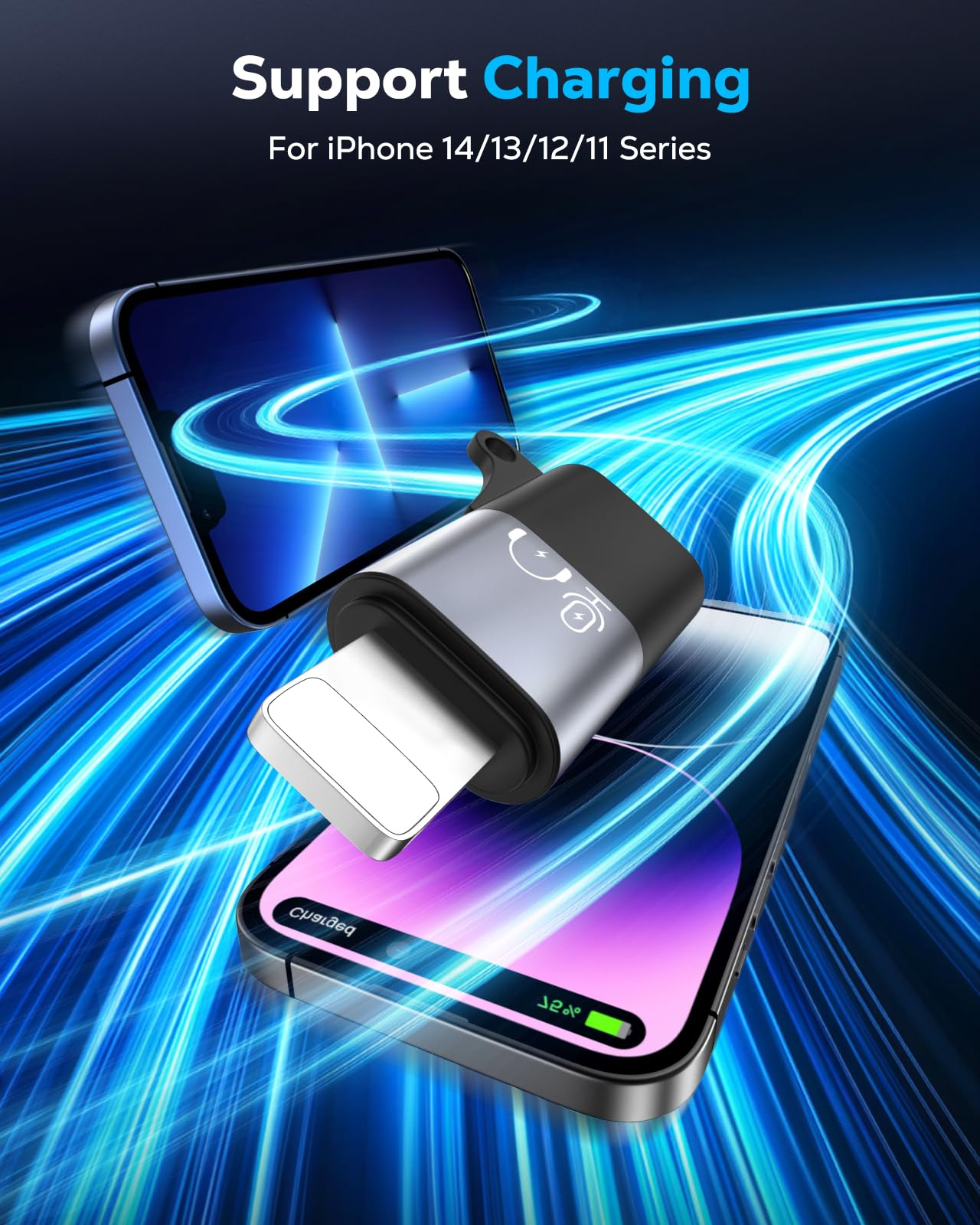 Ein Ladeadapter für iPhones wird gezeigt, der mit blauen Lichtstrahlen verbunden ist.