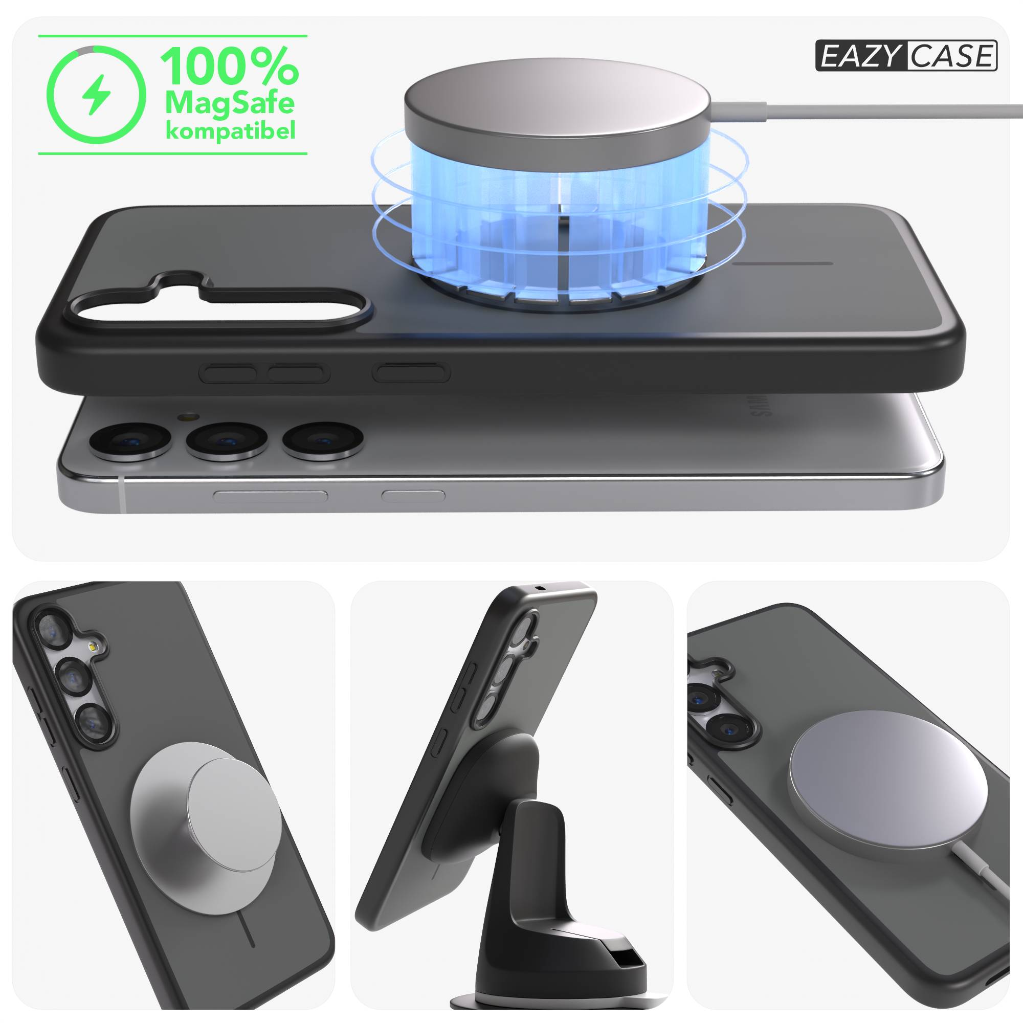 Schwarzes Handy mit MagSafe-Ladegerät und Halterung. 100 % MagSafe-kompatibel.