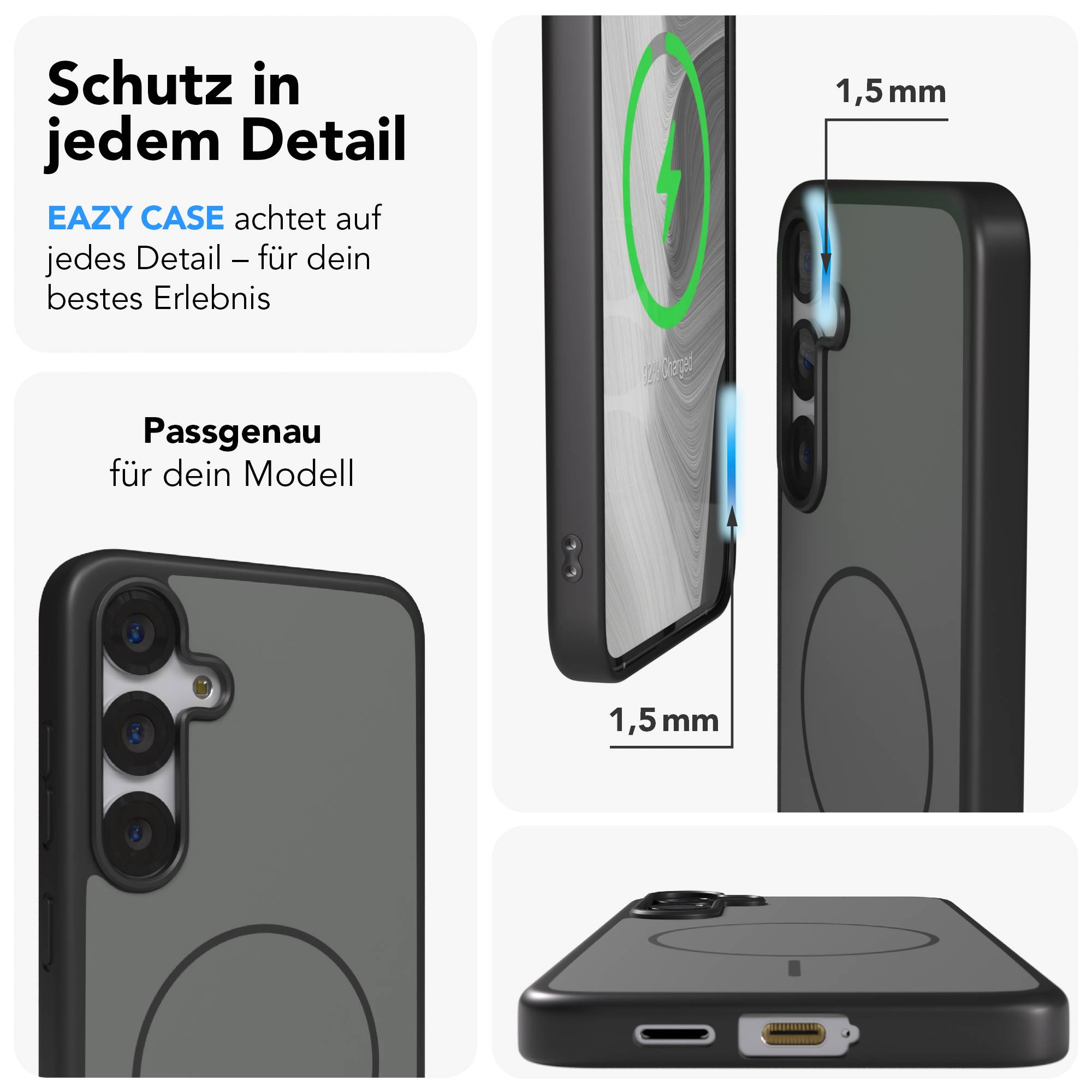 Graue Handyhülle mit Ladeanzeige und Maßangabe 1,5mm.
