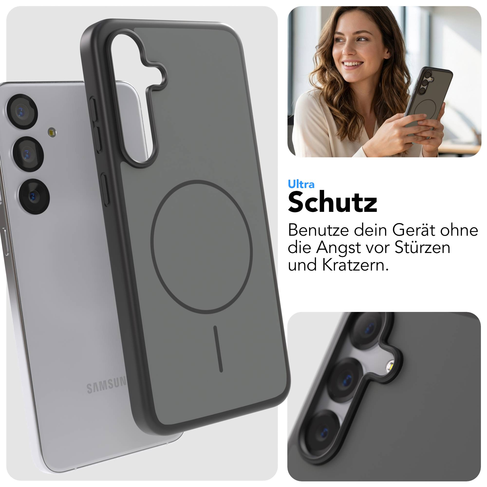 Graue Handyhülle mit Magnetring und einem Handy mit drei Kameras.
