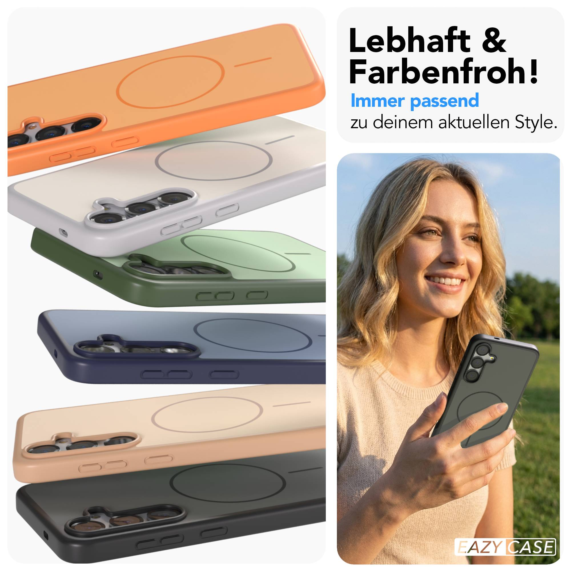 Eine Frau hält ein Handy mit einer grauen Hülle im Freien, daneben sind bunte Handyhüllen gestapelt.