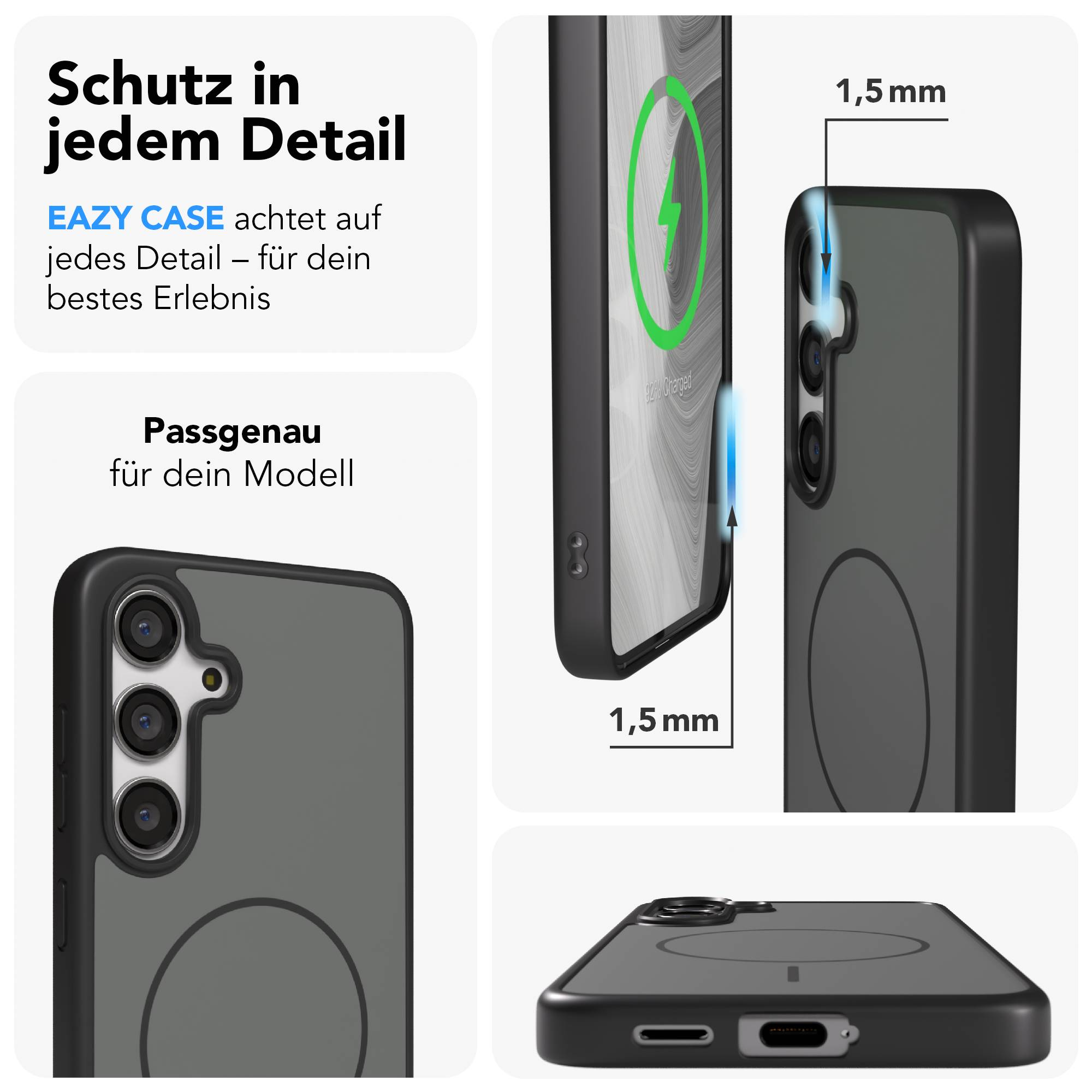 Schwarze Handyhülle mit Kameraausschnitt und Ladeanzeige.