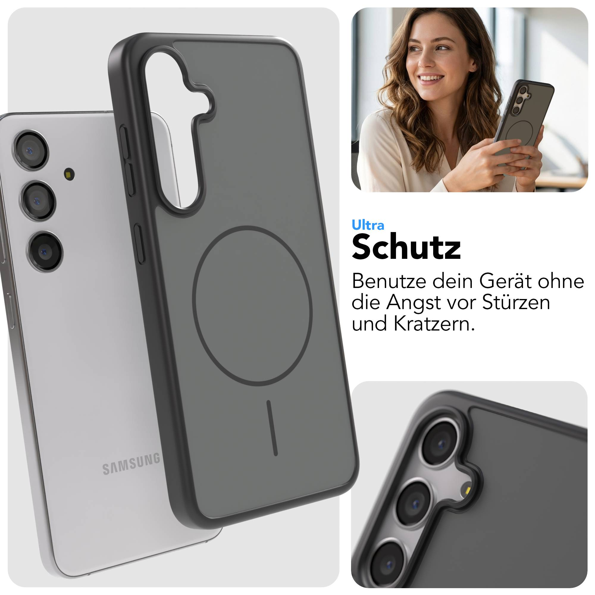 Ein silbernes Samsung-Handy mit einer dunkelgrauen Schutzhülle.