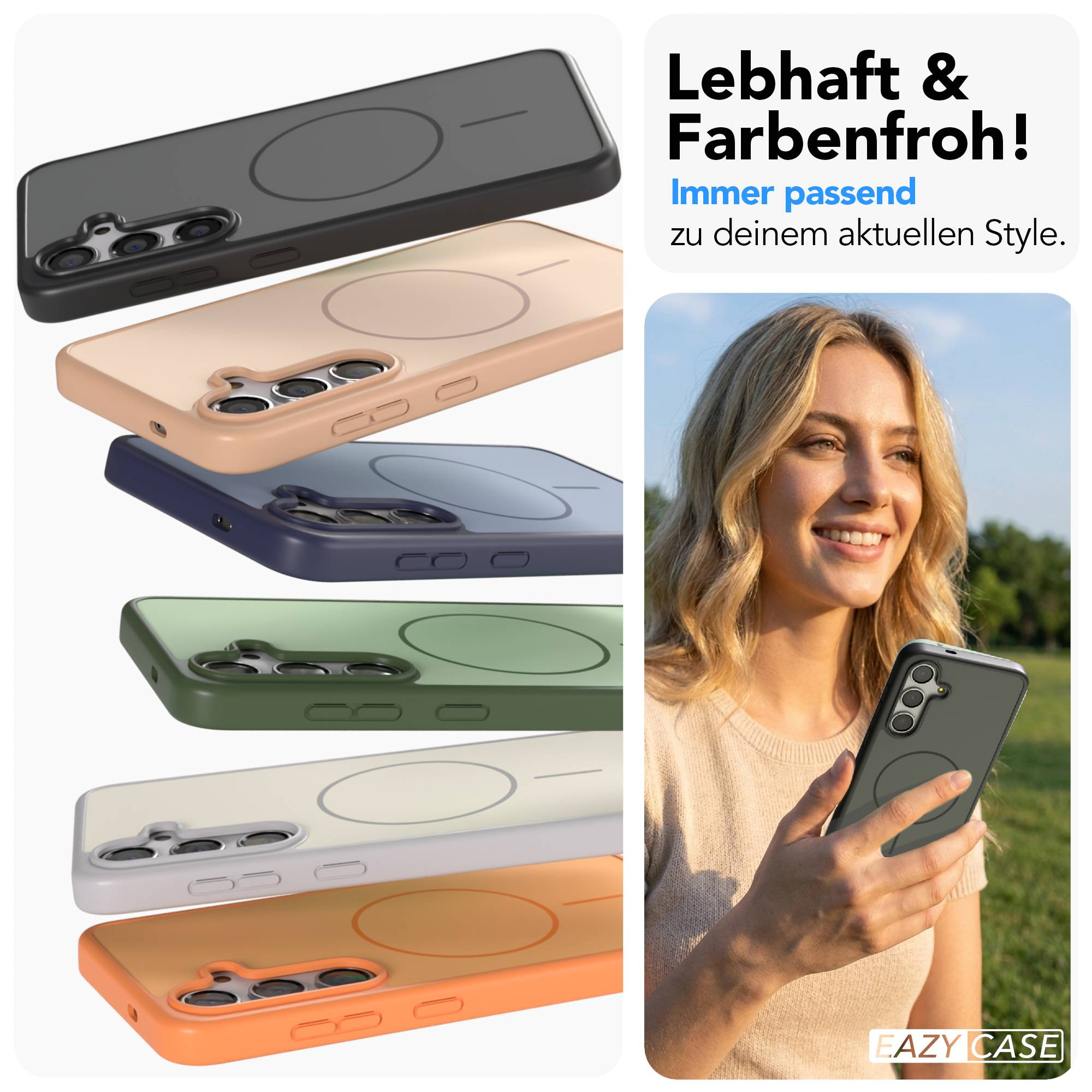Mehrere bunte Handyhüllen und eine Frau mit einem Handy.