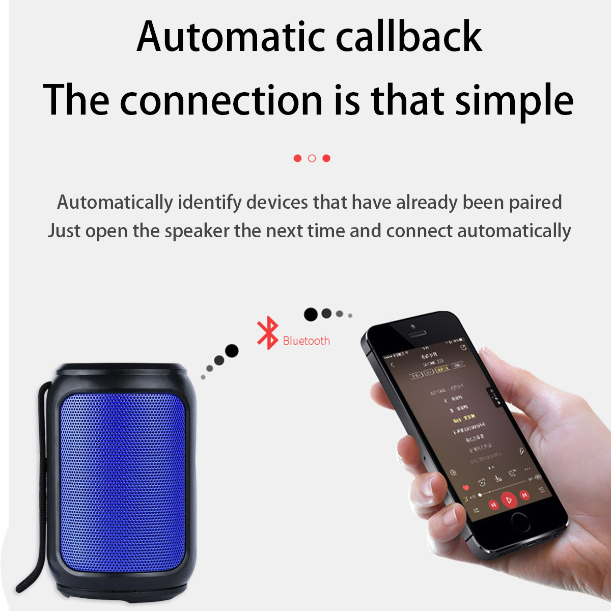 Ein blauer Bluetooth-Lautsprecher neben einer Hand, die ein Smartphone mit Musik anzeigt.