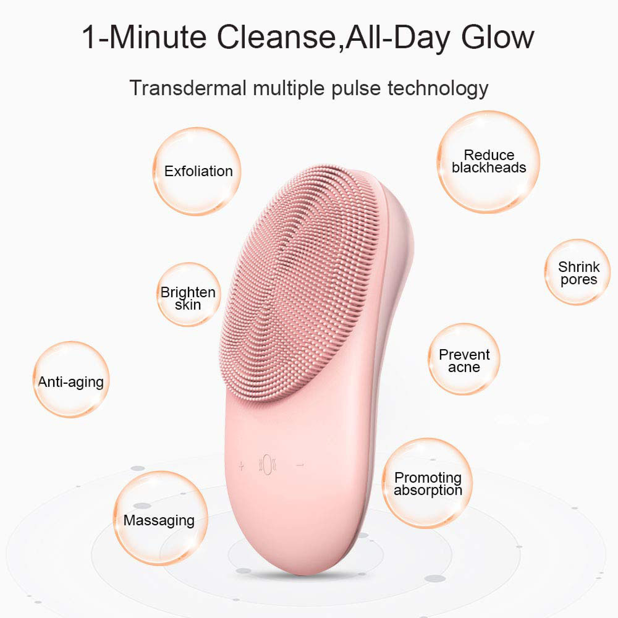 Rosa Gesichtsreinigungsbürste mit Blasen, die Vorteile wie Peeling, Porenverkleinerung, Aknebehandlung auflisten.