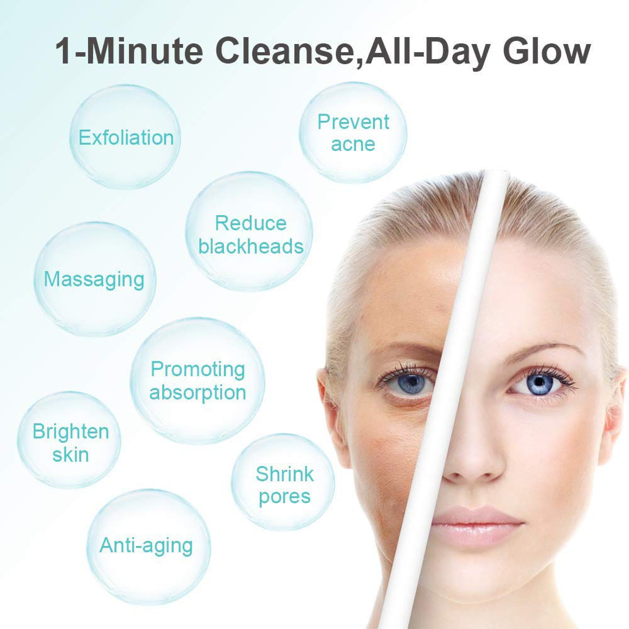 Geteilte Gesichtsansicht zeigt Hautverjüngung mit Vorteilen wie Peeling, Anti-Aging.