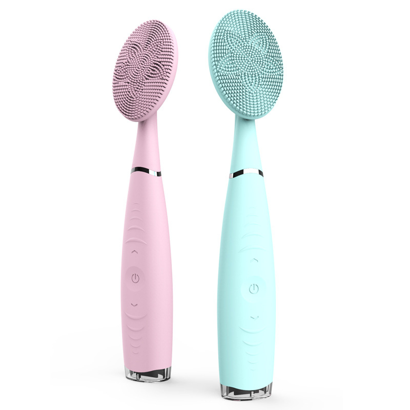 Zwei Gesichtsreinigungsbürsten, eine in Rosa und eine in Mintgrün.
