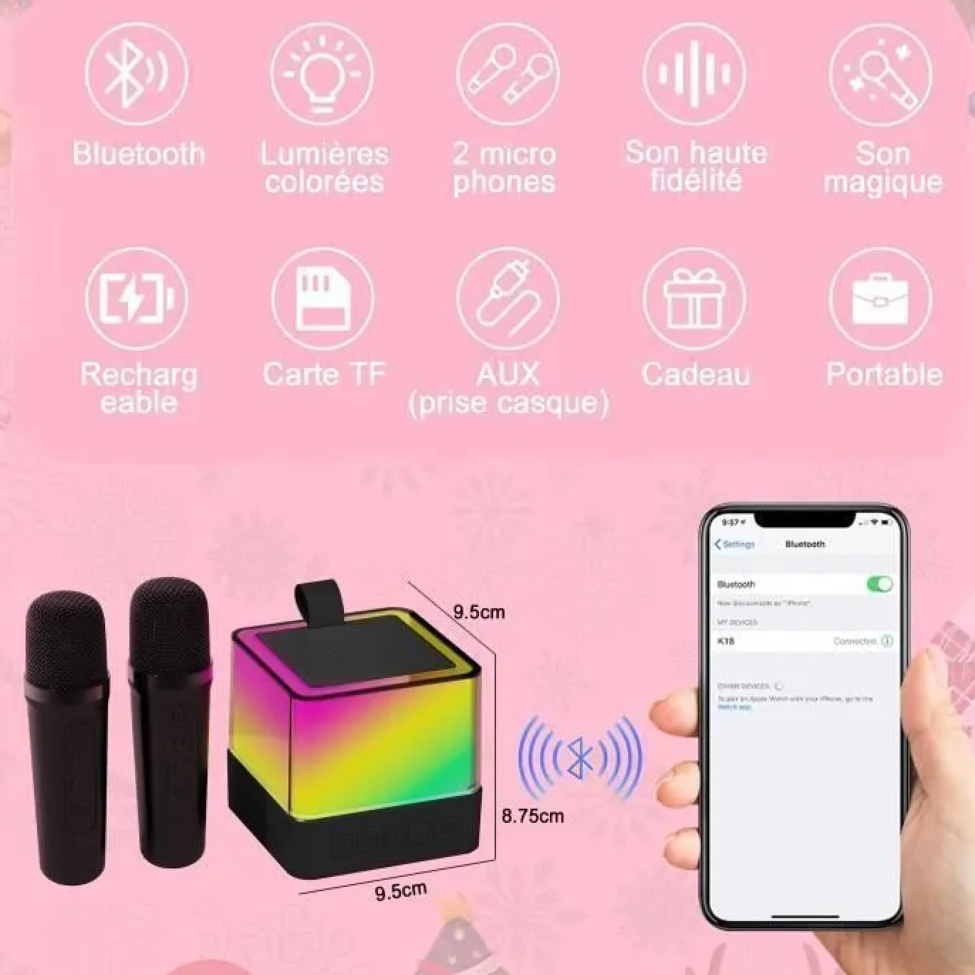 Ein bunter Bluetooth-Lautsprecher mit zwei Mikrofonen und einem Smartphone.