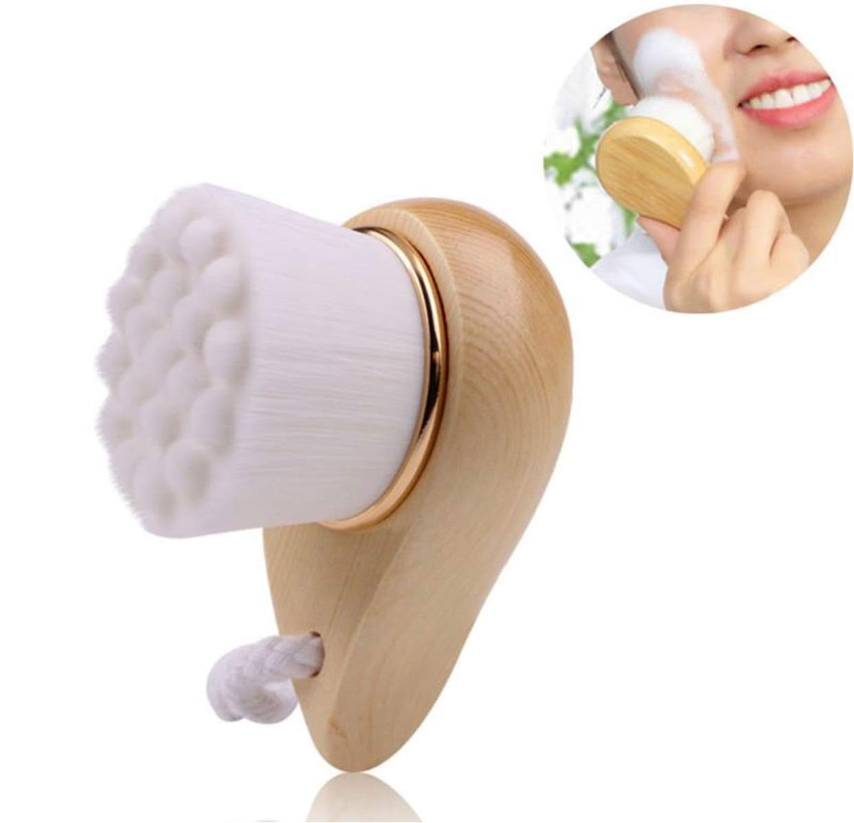 Holzgesichtsbürste mit weißen Borsten und einem kleinen Seil.