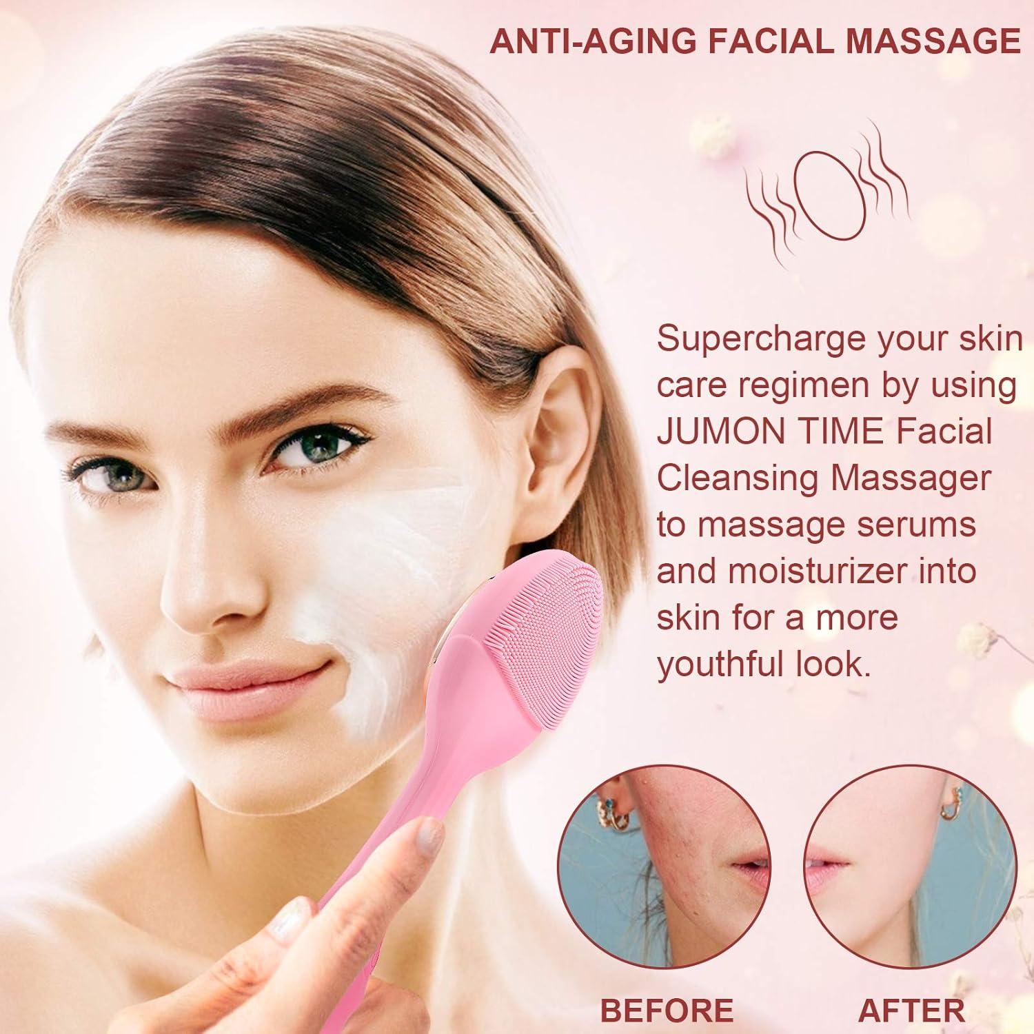 Frau benutzt einen rosa Gesichts-Massager, mit Vorher-Nachher-Bildern.