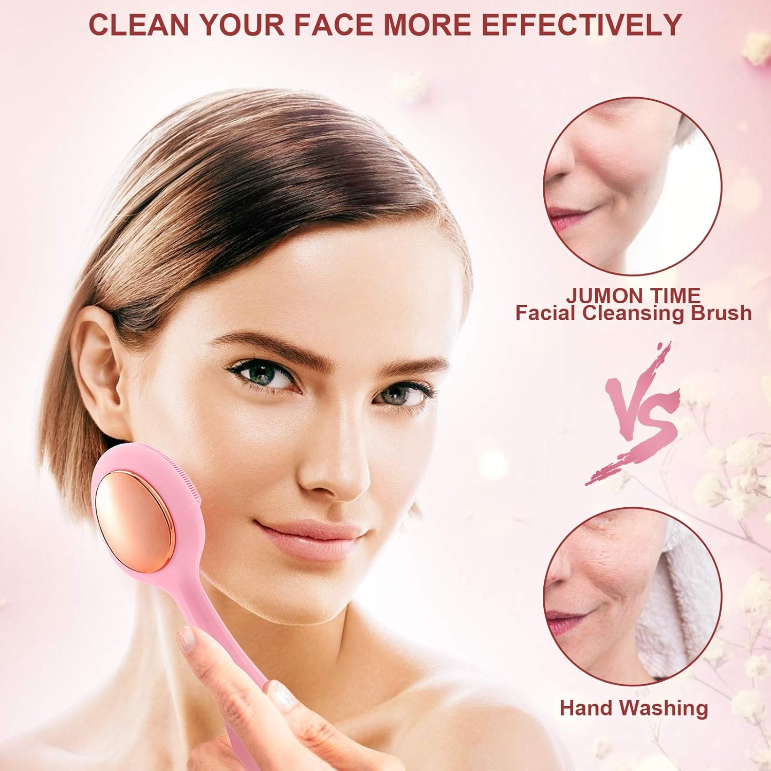 Eine Frau benutzt eine rosa Gesichtsreinigungsbürste.