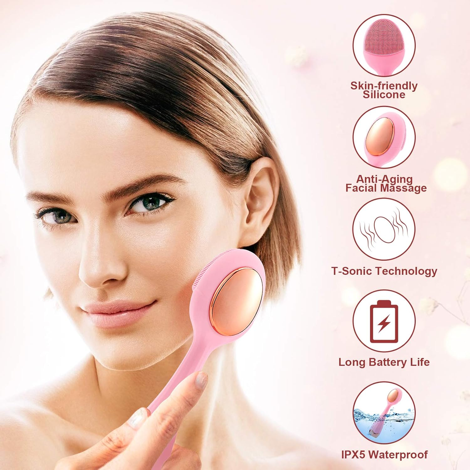 Eine Frau benutzt ein rosa Gesichtsreinigungsgerät mit Silikonborsten und Metallakzent.