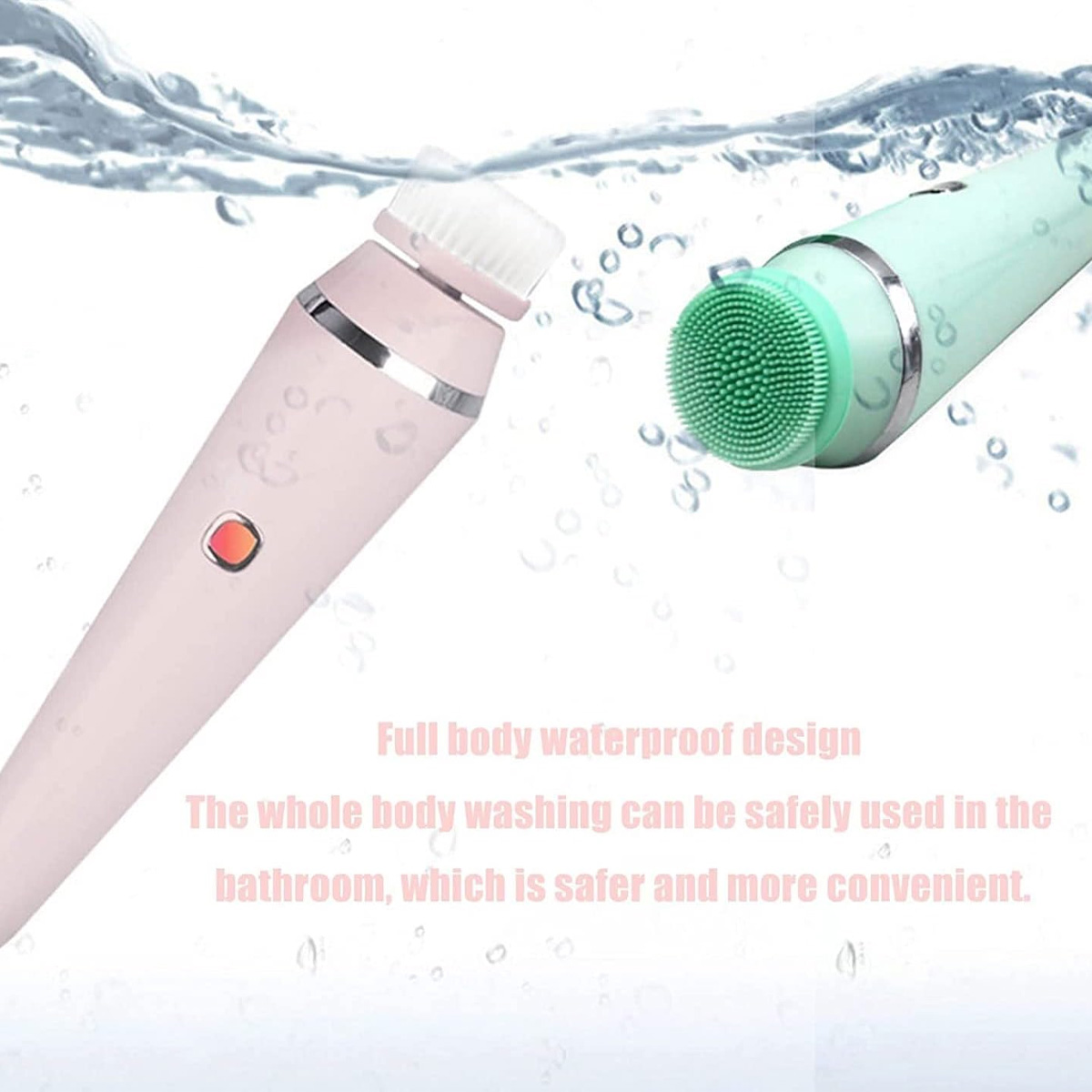 Zwei wasserdichte Gesichtsreinigungsbürsten, eine pink mit Borsten, eine grüne mit Silikon.