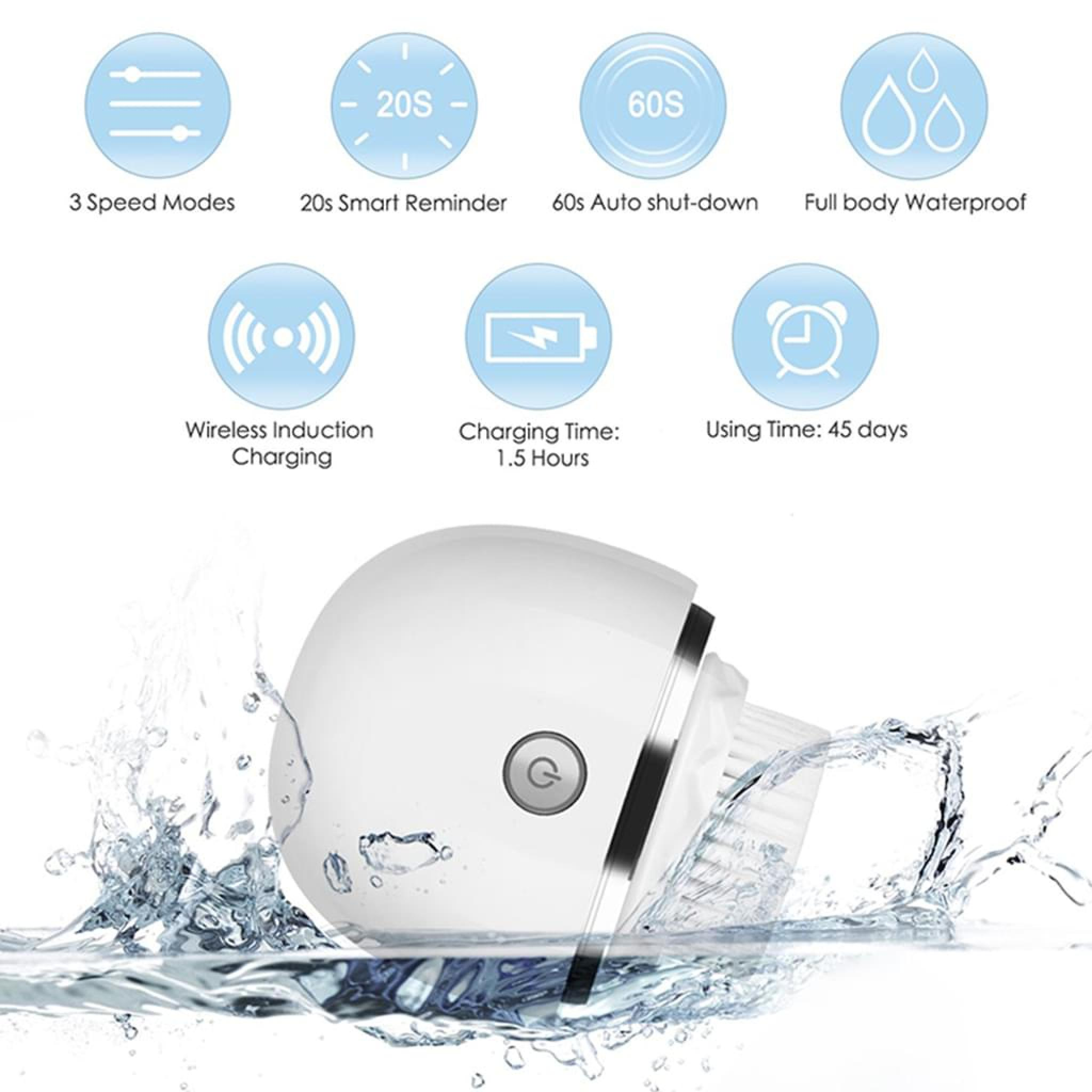Ein weißes Gesichtsreinigungsgerät mit Borsten im Wasser. Symbole zeigen Funktionen.