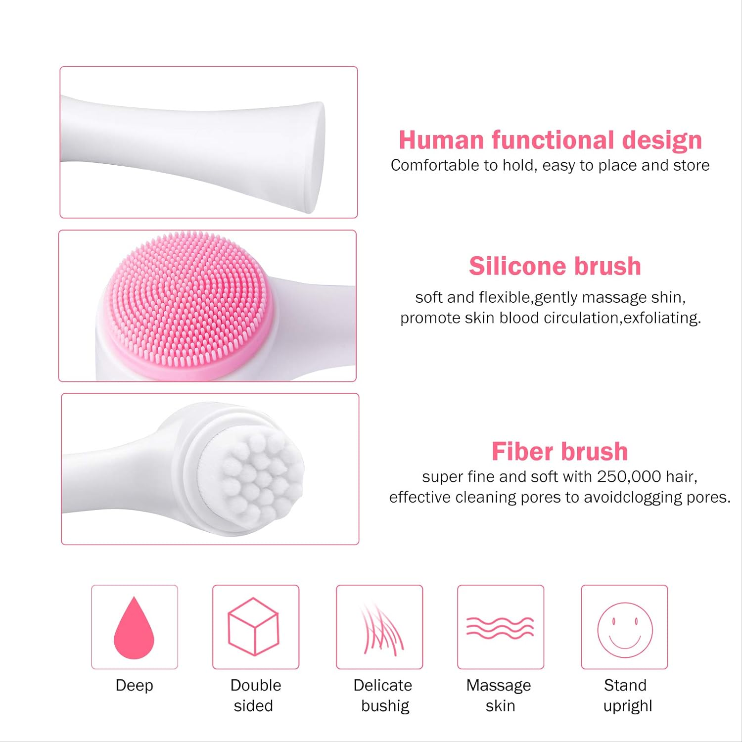 Gesichtsreinigungsbürste mit Silikon- und Faserköpfen. Verfügt über ein ergonomisches Design.