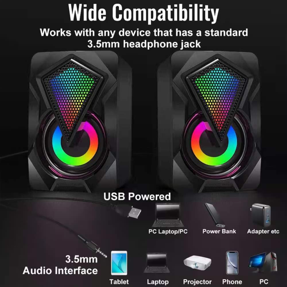 Zwei schwarze Lautsprecher mit RGB-Beleuchtung, 3,5-mm-Audioanschluss, USB-betrieben, kompatible Geräte gezeigt.