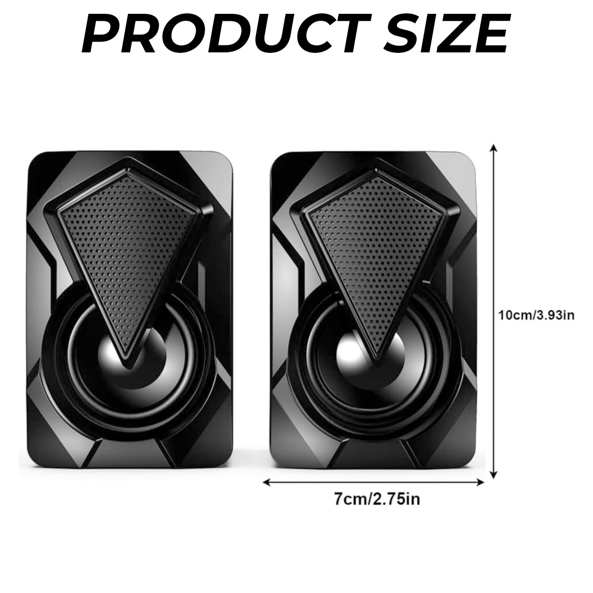 Zwei schwarze Lautsprecher mit Abmessungen: 7cm breit, 10cm hoch.