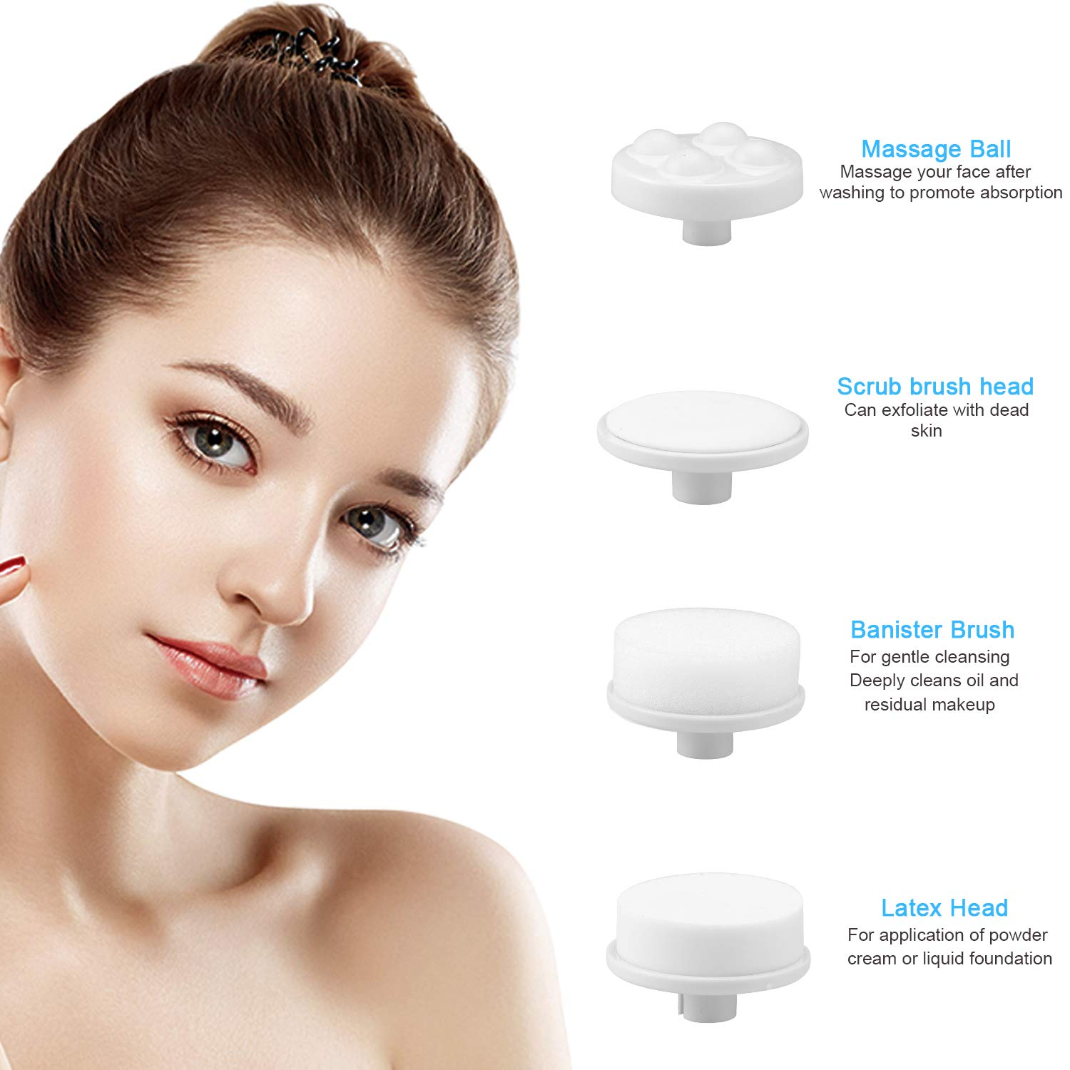 Ein Gesicht neben vier Aufsätzen für Gesichtsreinigung, Massage und Make-up.