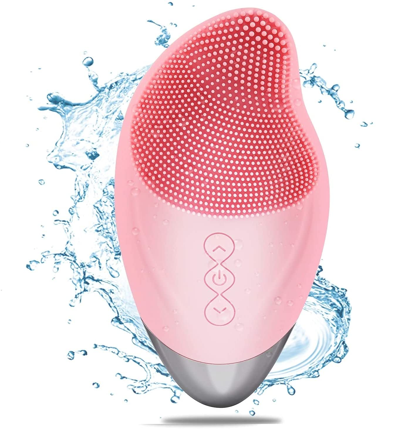 Rosa Gesichtsreinigungsbürste mit Silikonborsten, umgeben von spritzendem Wasser.