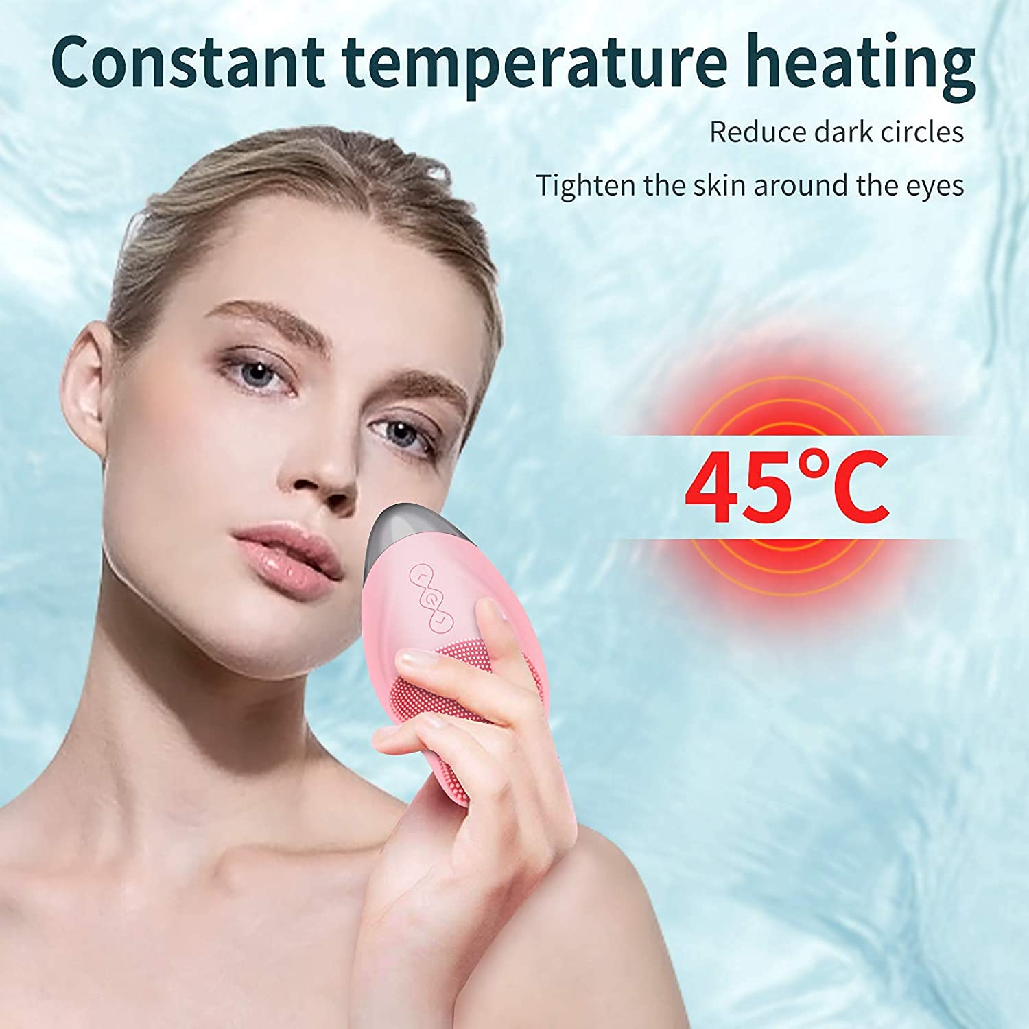 Eine Frau hält ein rosa Hautpflegegerät mit einer Anzeige von 45°C.