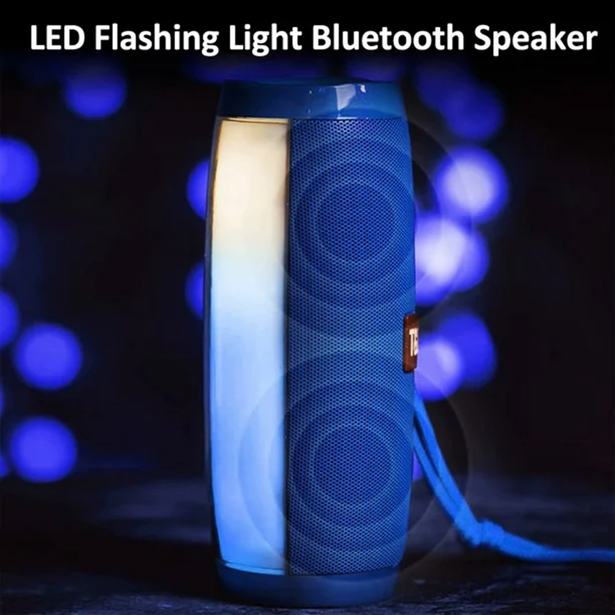 Blauer Bluetooth-Lautsprecher mit LED-Lichtstreifen. Blaue Lichter im Hintergrund.