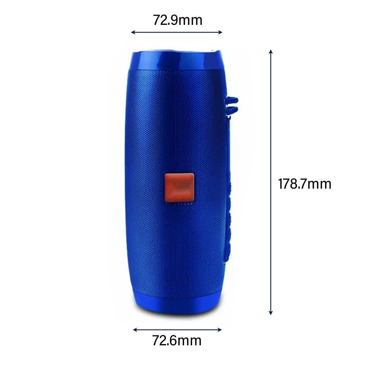 Blauer zylindrischer Lautsprecher mit orangem Knopf. Maße: 72,9 x 178,7 x 72,6 mm.