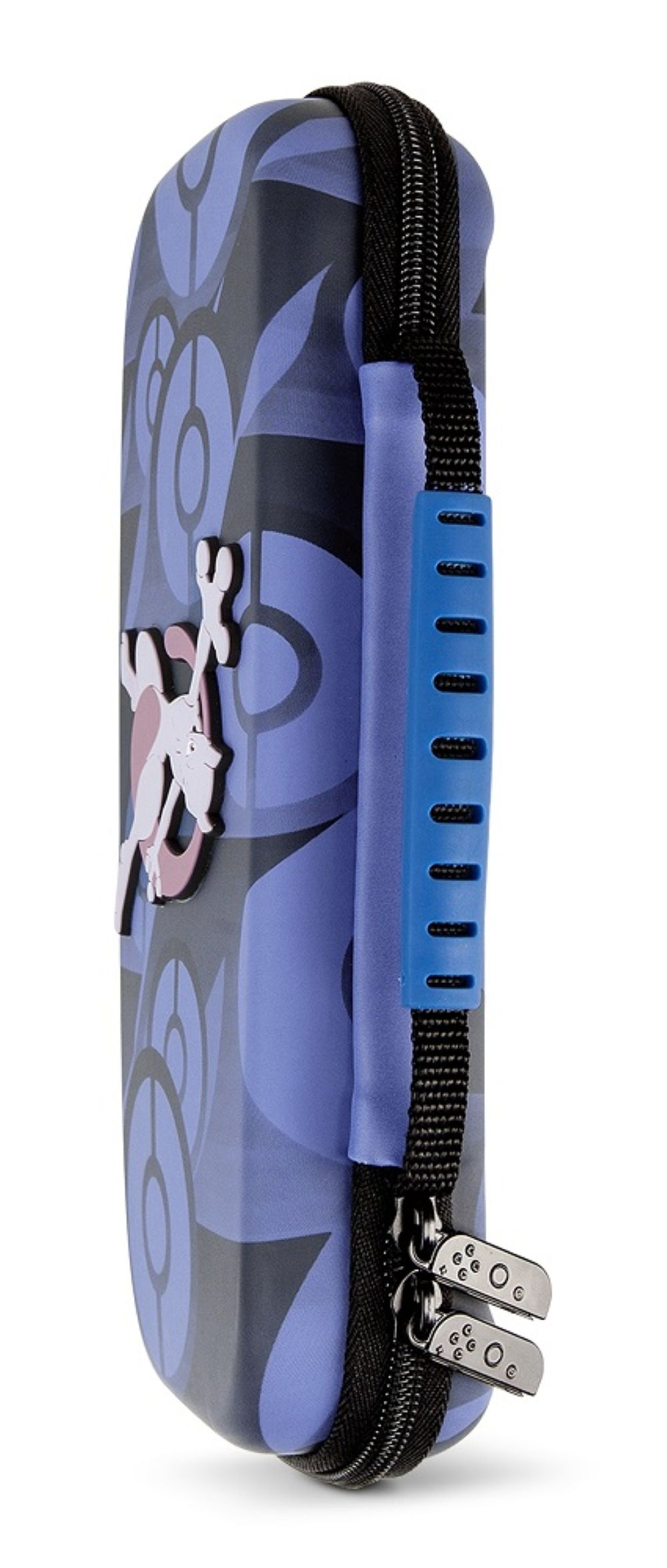 Fioletowe etui Pokemon z niebieskim uchwytem i zamkiem.