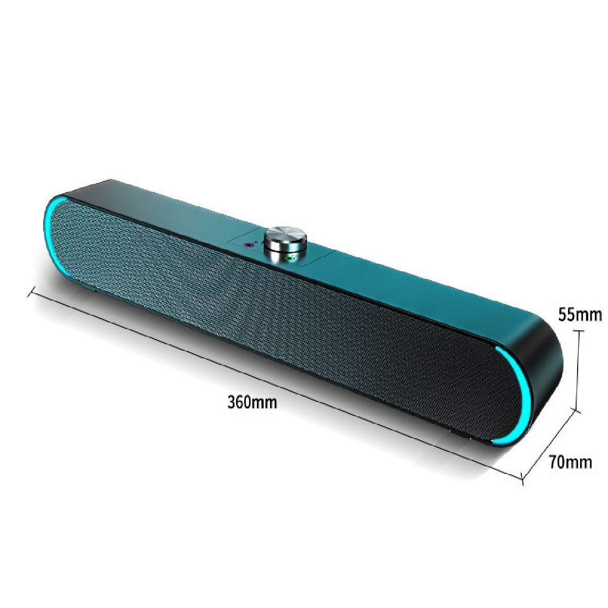 Schwarzer Lautsprecher mit blauem Licht, 360mm lang, 70mm breit, 55mm hoch.