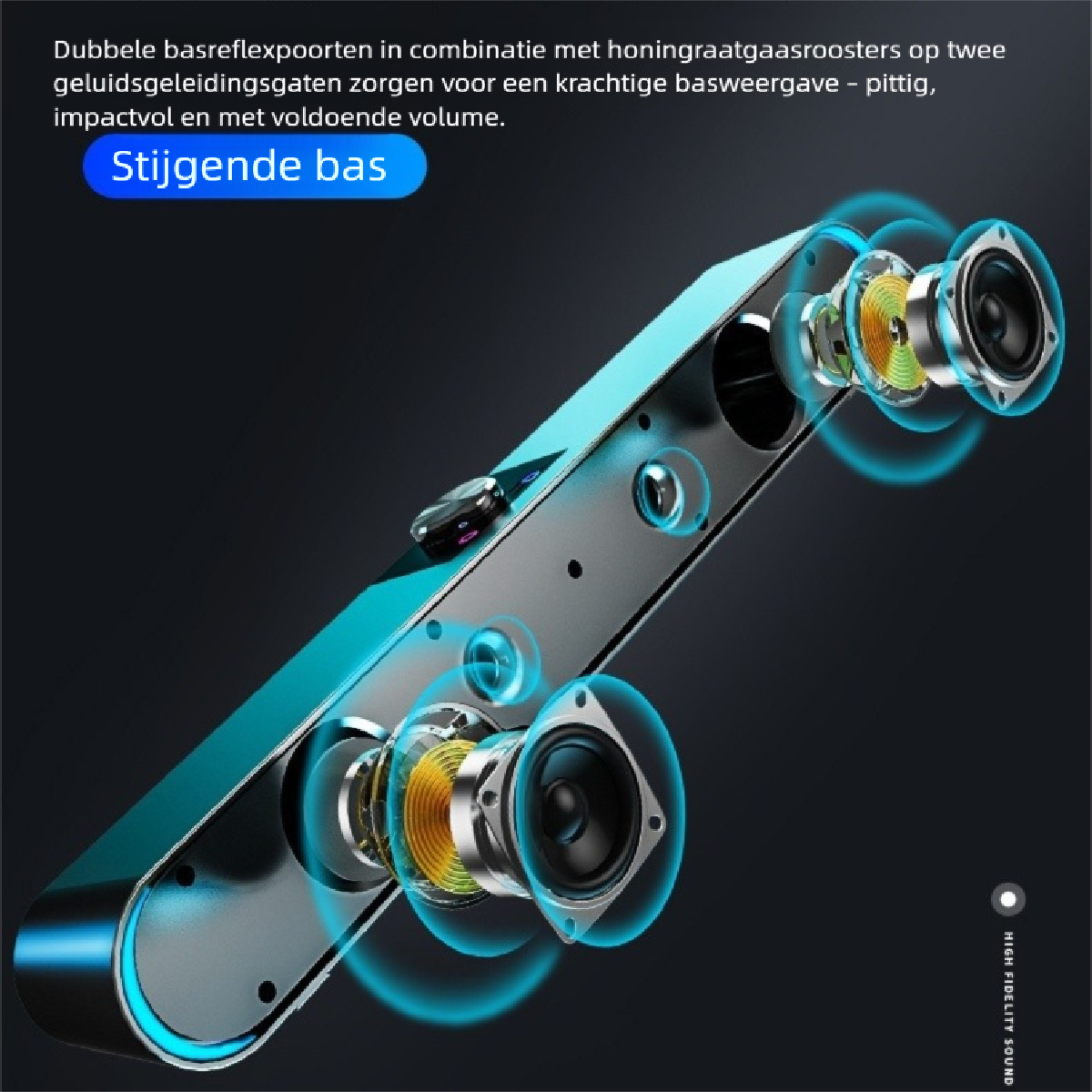 Eine türkise Soundbar mit freiliegenden Lautsprechern und blauen Schallwellen.